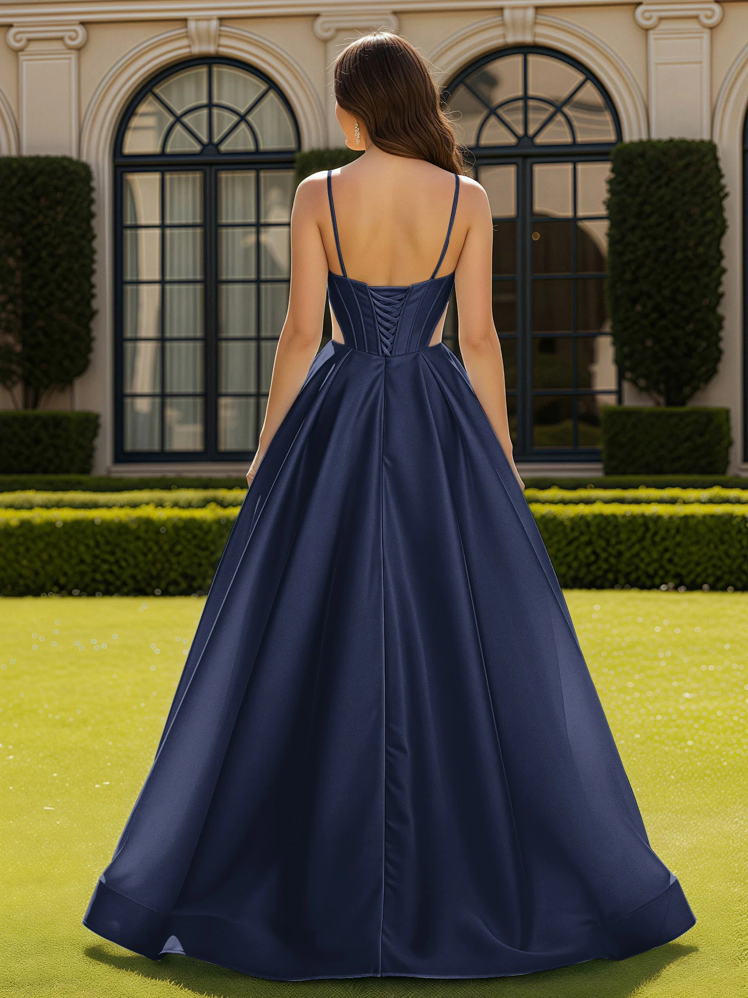 Spaghetti Straps Lace Sweetheart Corset Dress With Slit Dark Navy - Image 2