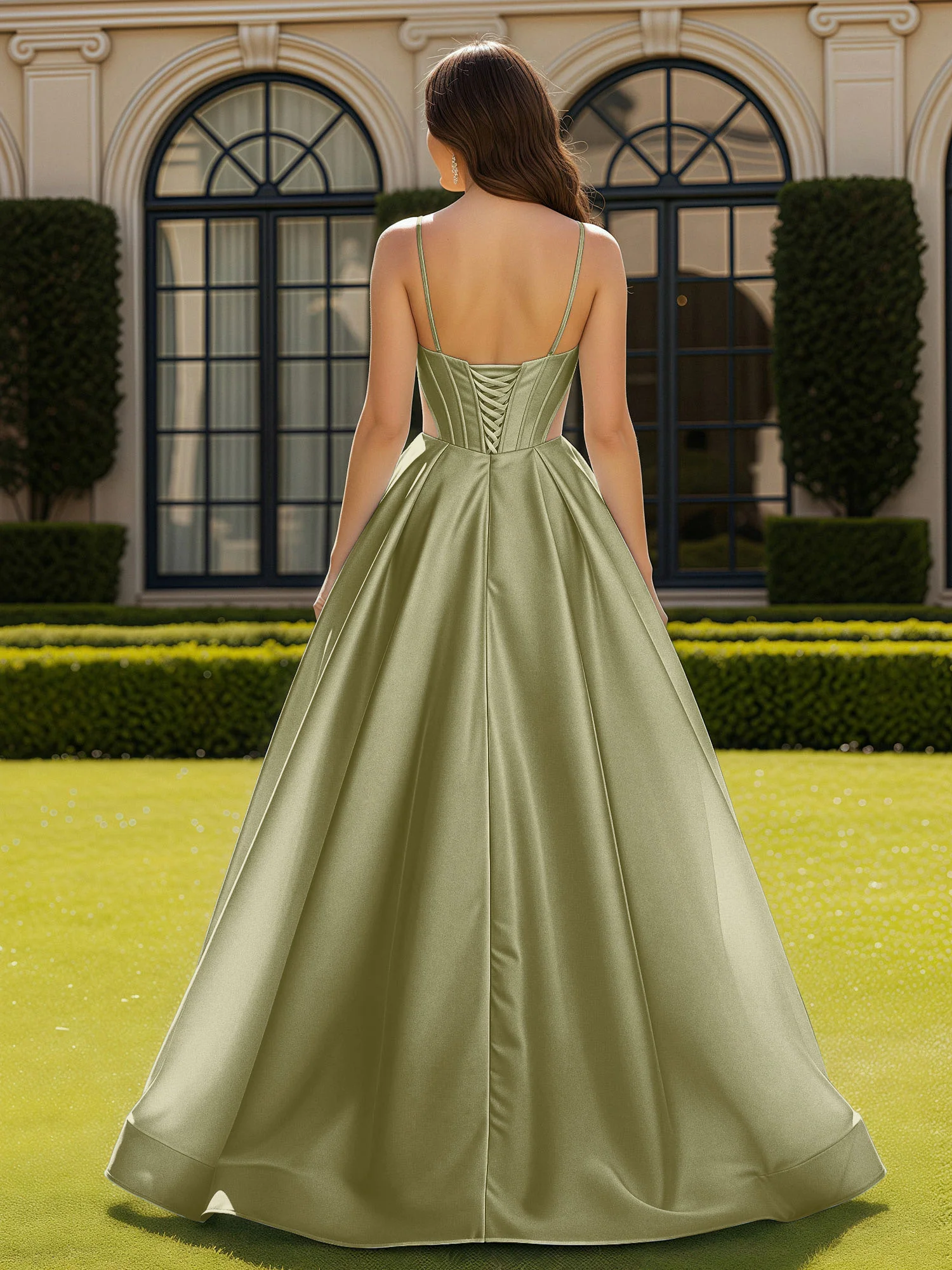 Spaghetti Straps Lace Sweetheart Corset Dress With Slit Dusty Sage - Image 2