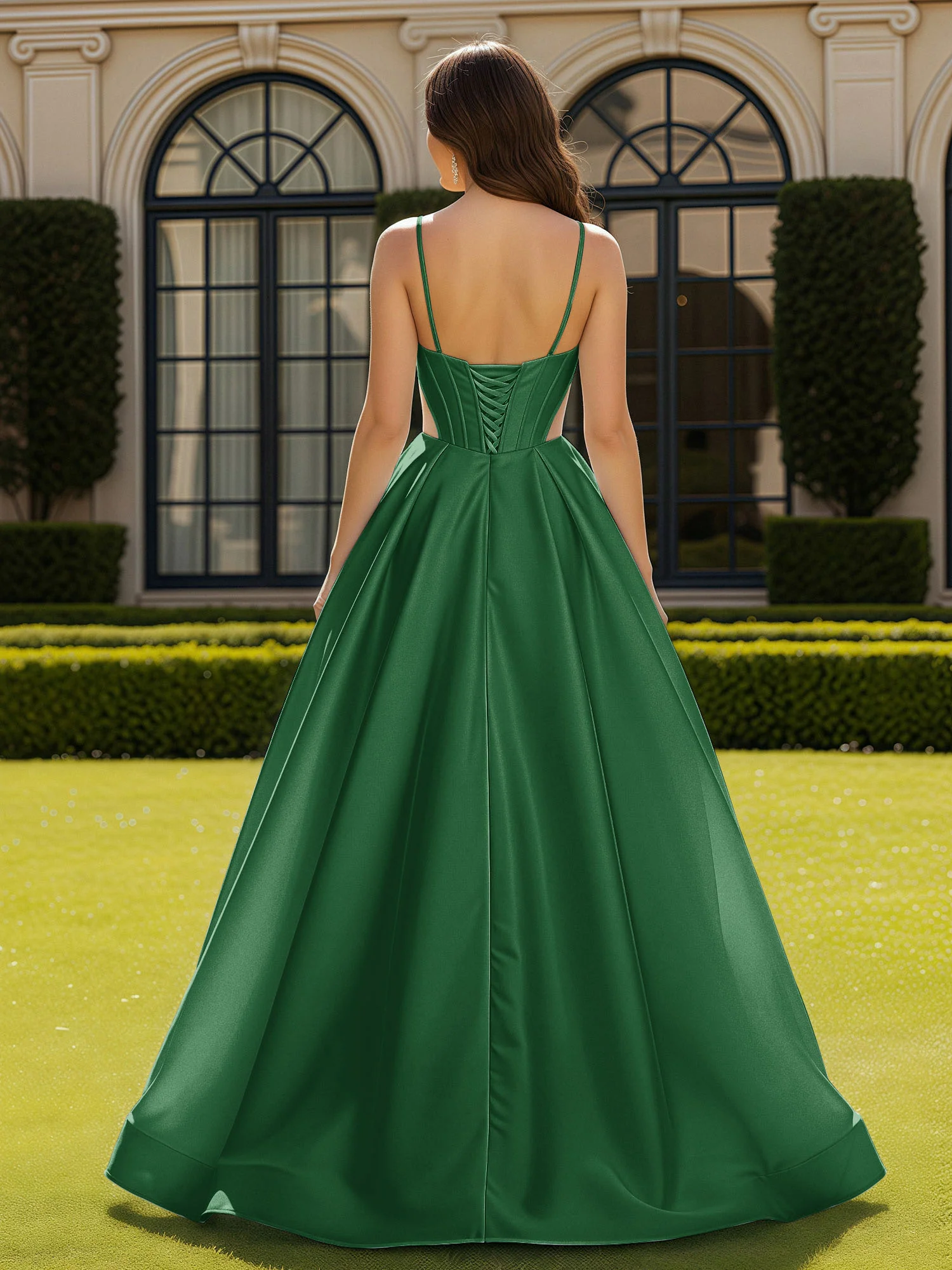 Spaghetti Straps Lace Sweetheart Corset Dress With Slit Emerald - Image 2