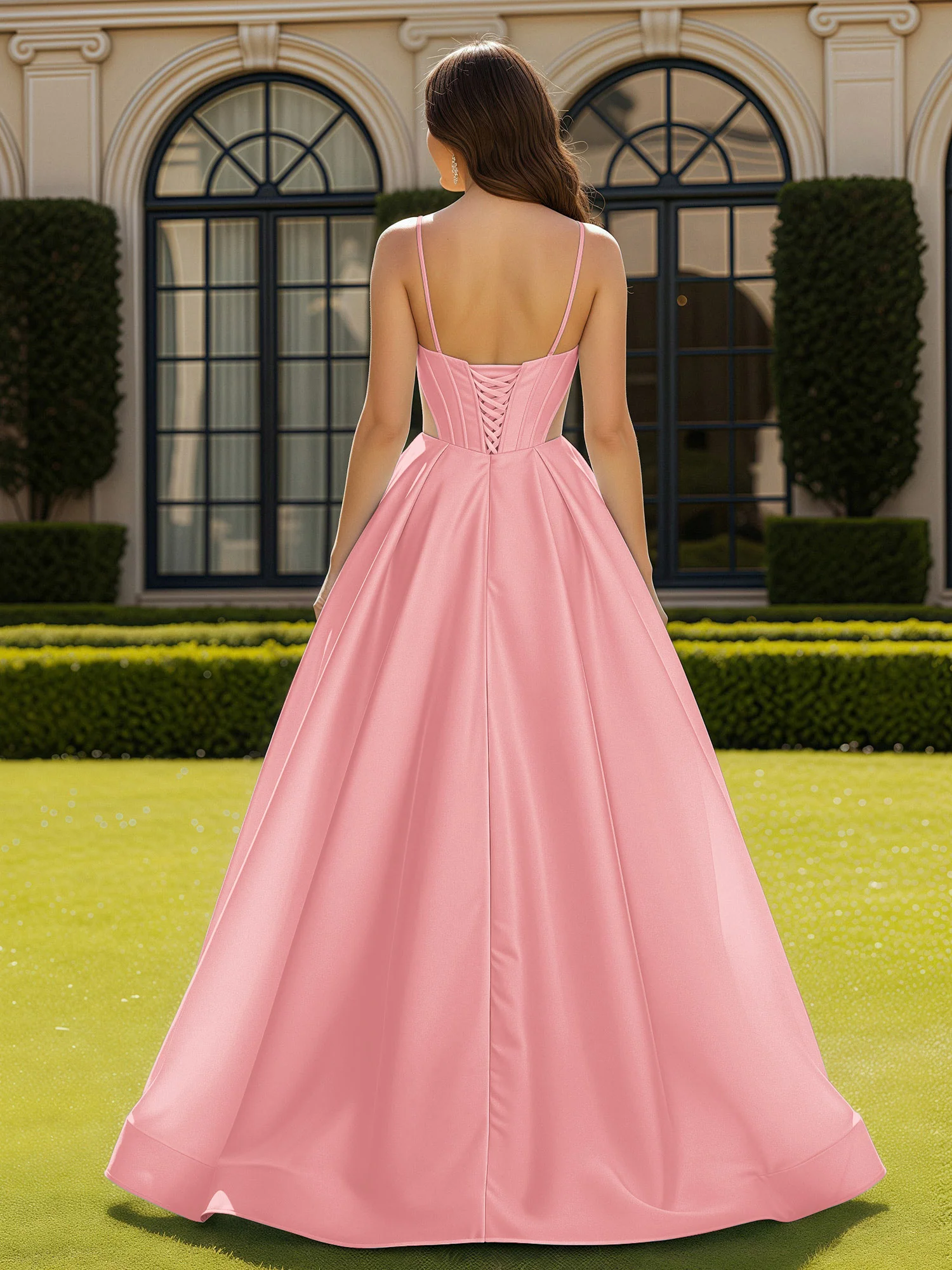 Spaghetti Straps Lace Sweetheart Corset Dress With Slit Flamingo - Image 2
