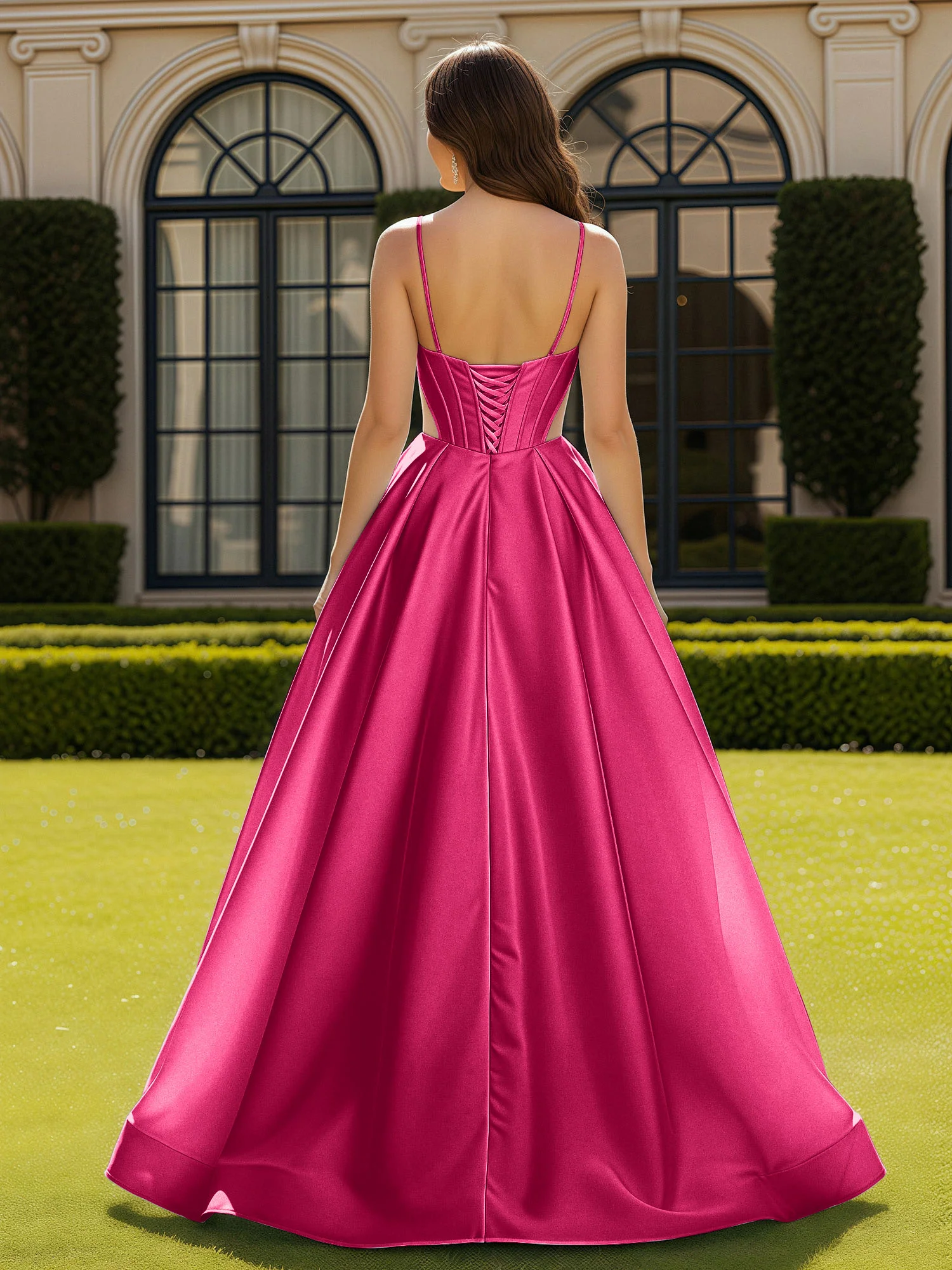 Spaghetti Straps Lace Sweetheart Corset Dress With Slit Fuchsia - Image 2