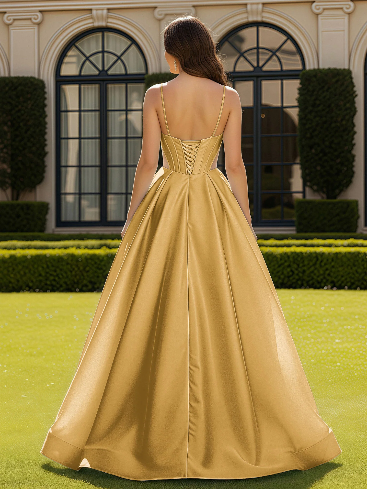Spaghetti Straps Lace Sweetheart Corset Dress With Slit Gold - Image 2