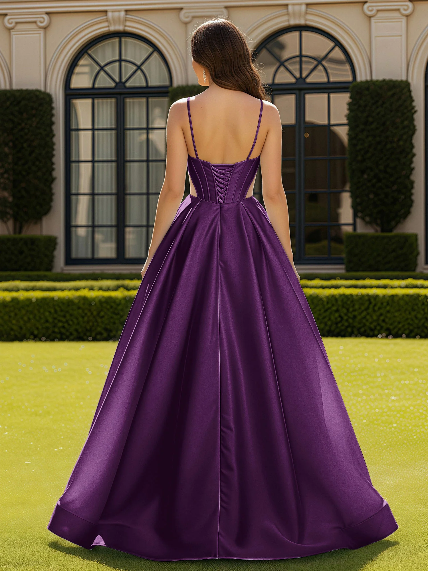 Spaghetti Straps Lace Sweetheart Corset Dress With Slit Grape - Image 2
