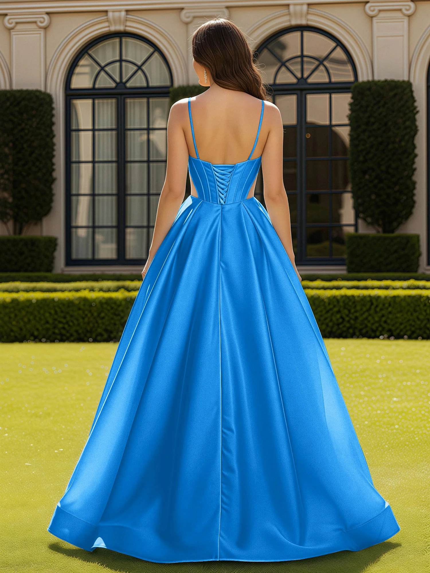 Spaghetti Straps Lace Sweetheart Corset Dress With Slit Ocean Blue - Image 2