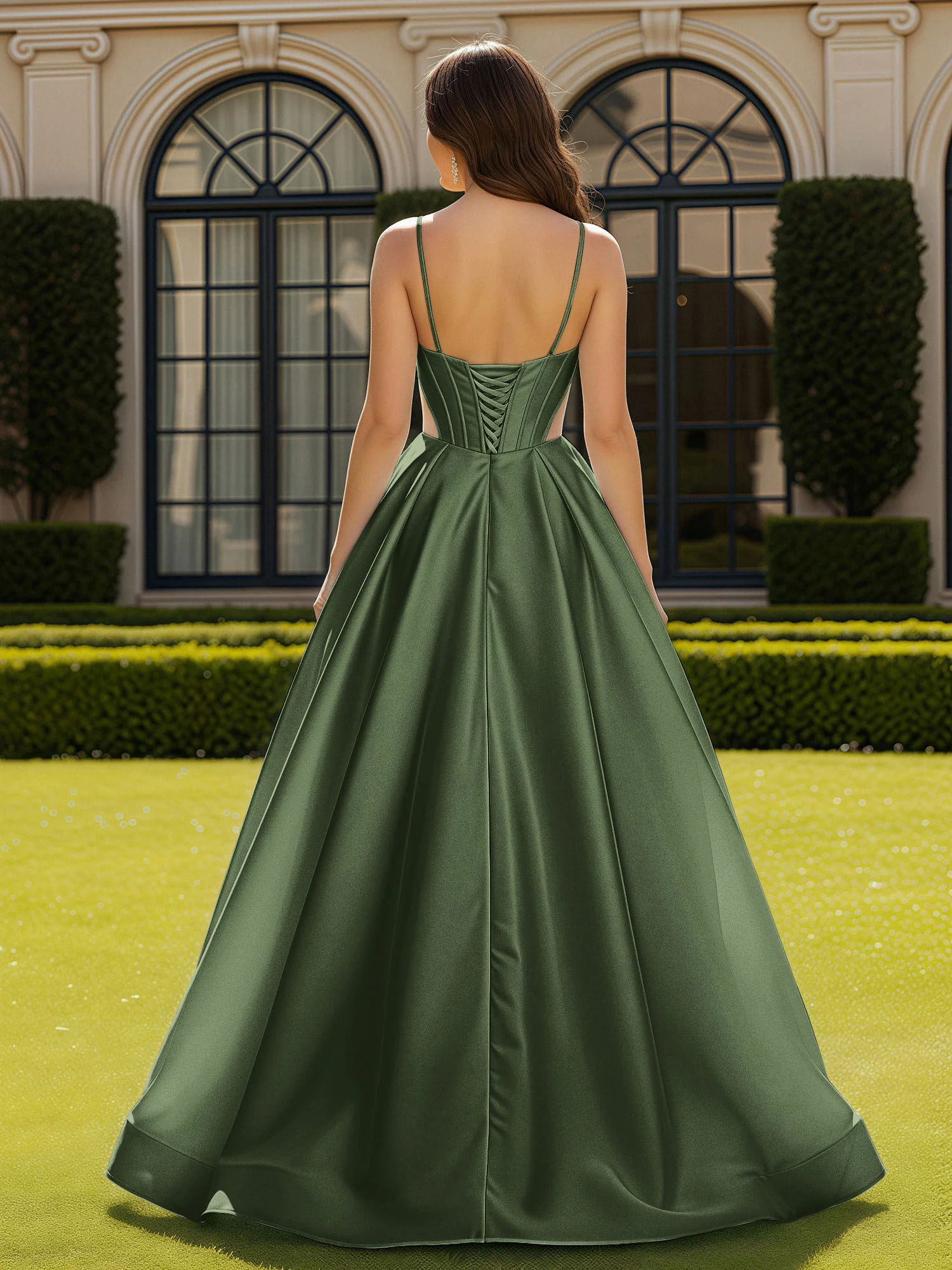 Spaghetti Straps Lace Sweetheart Corset Dress With Slit Olive Green - Image 2