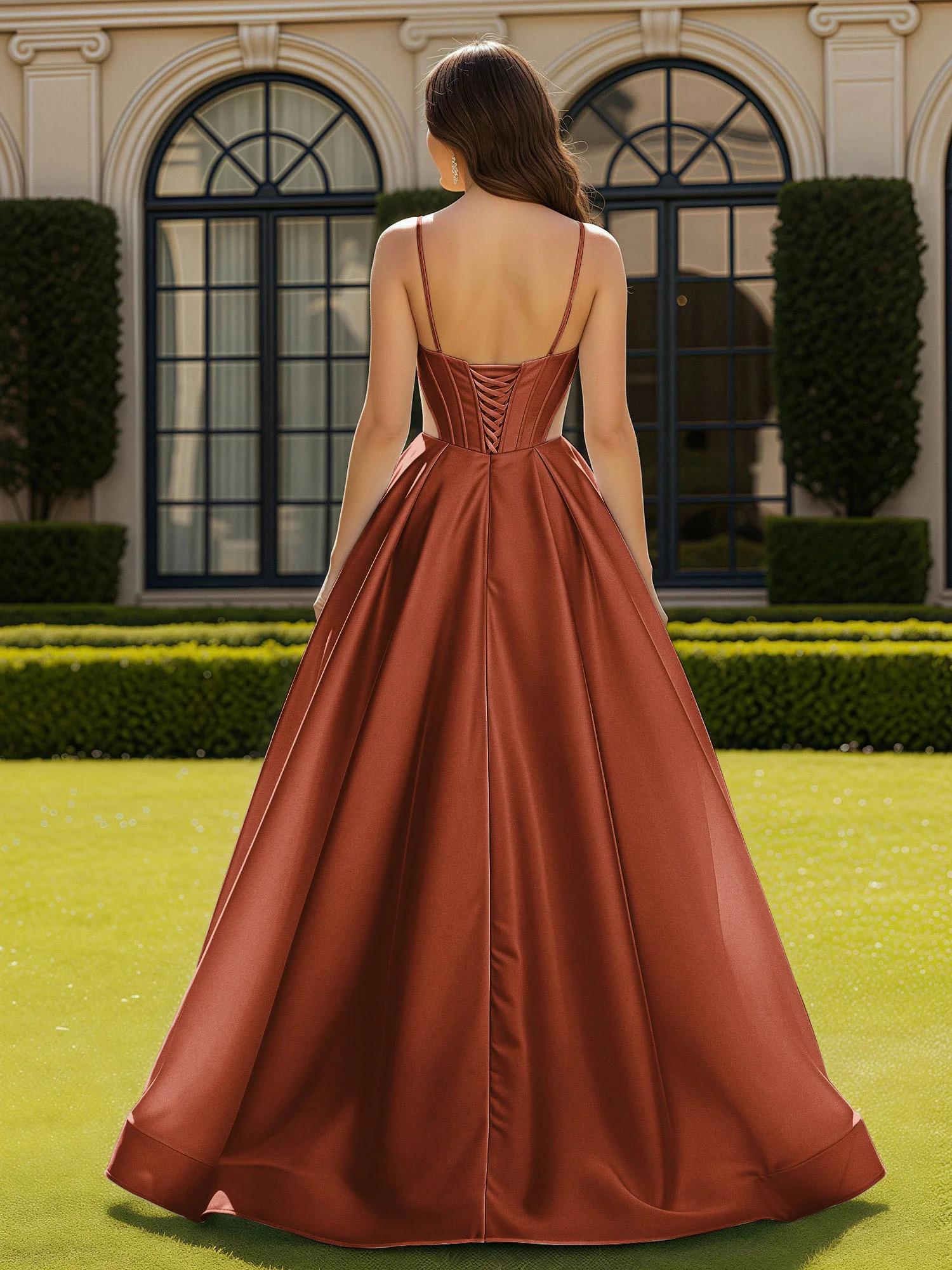 Spaghetti Straps Lace Sweetheart Corset Dress With Slit Rust - Image 2
