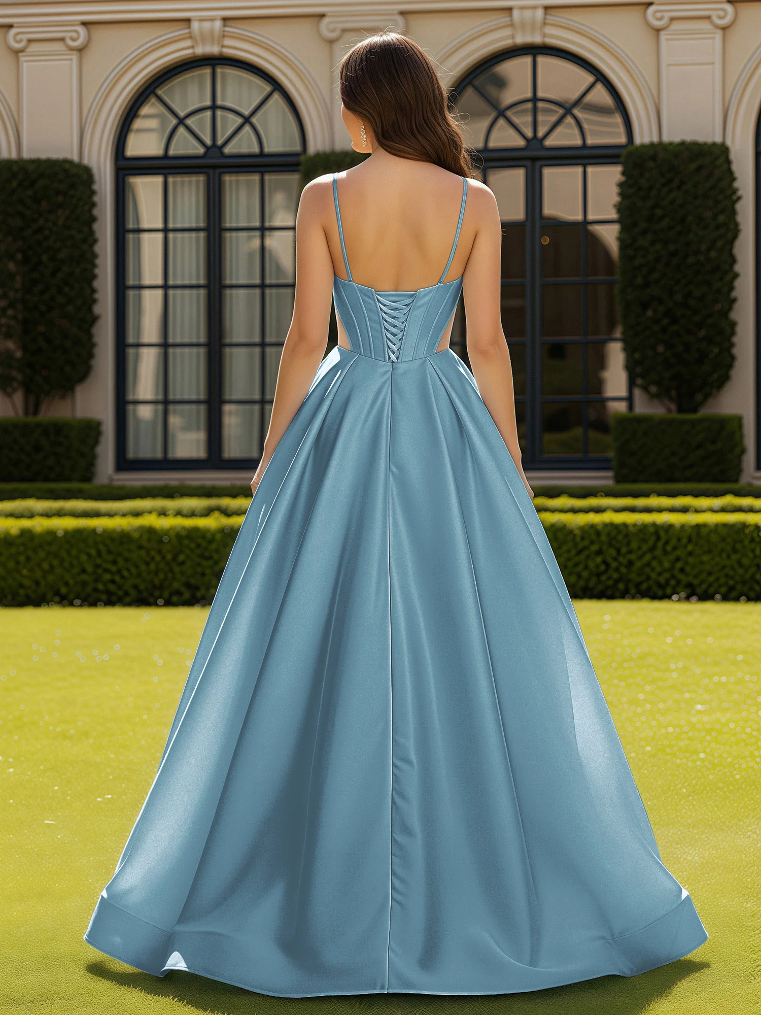 Spaghetti Straps Lace Sweetheart Corset Dress With Slit Slate Blue - Image 2
