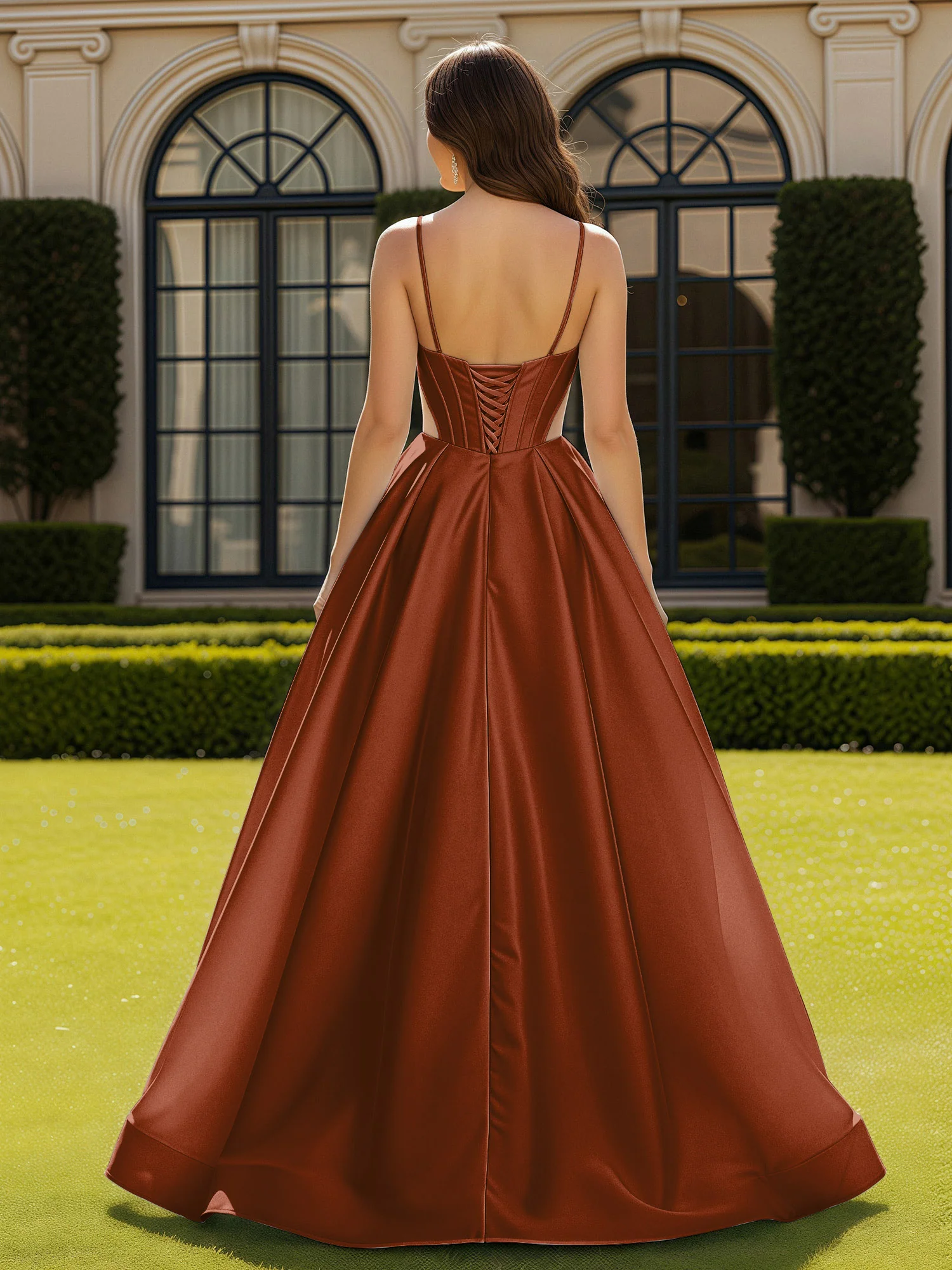 Spaghetti Straps Lace Sweetheart Corset Dress With Slit Terracotta - Image 2