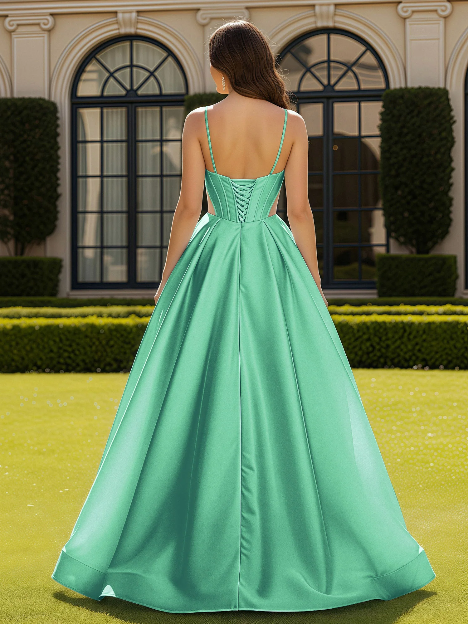 Spaghetti Straps Lace Sweetheart Corset Dress With Slit Turquoise - Image 2