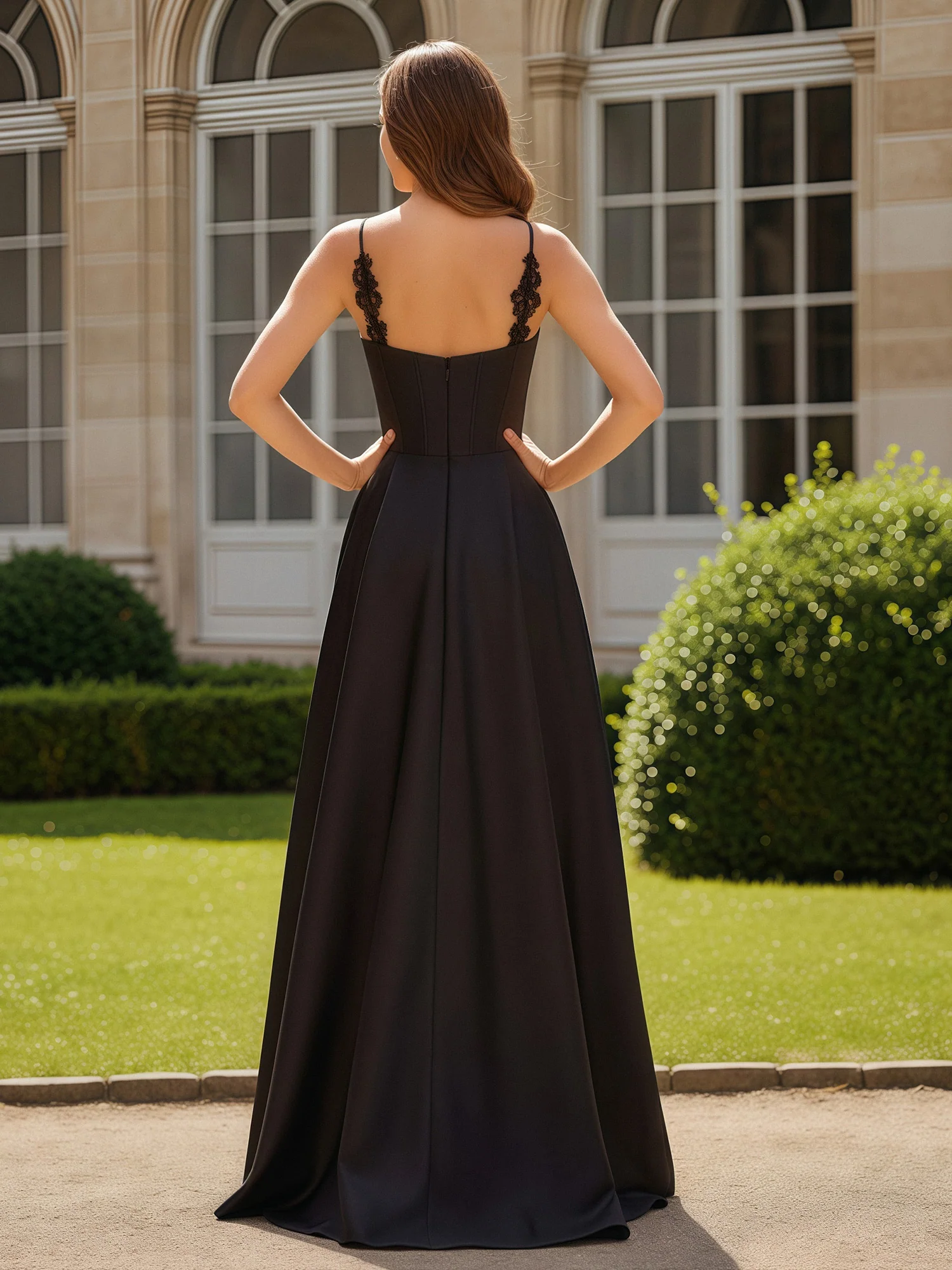 Spaghetti Straps Lace Sweetheart Neck Long Dress Black - Image 2