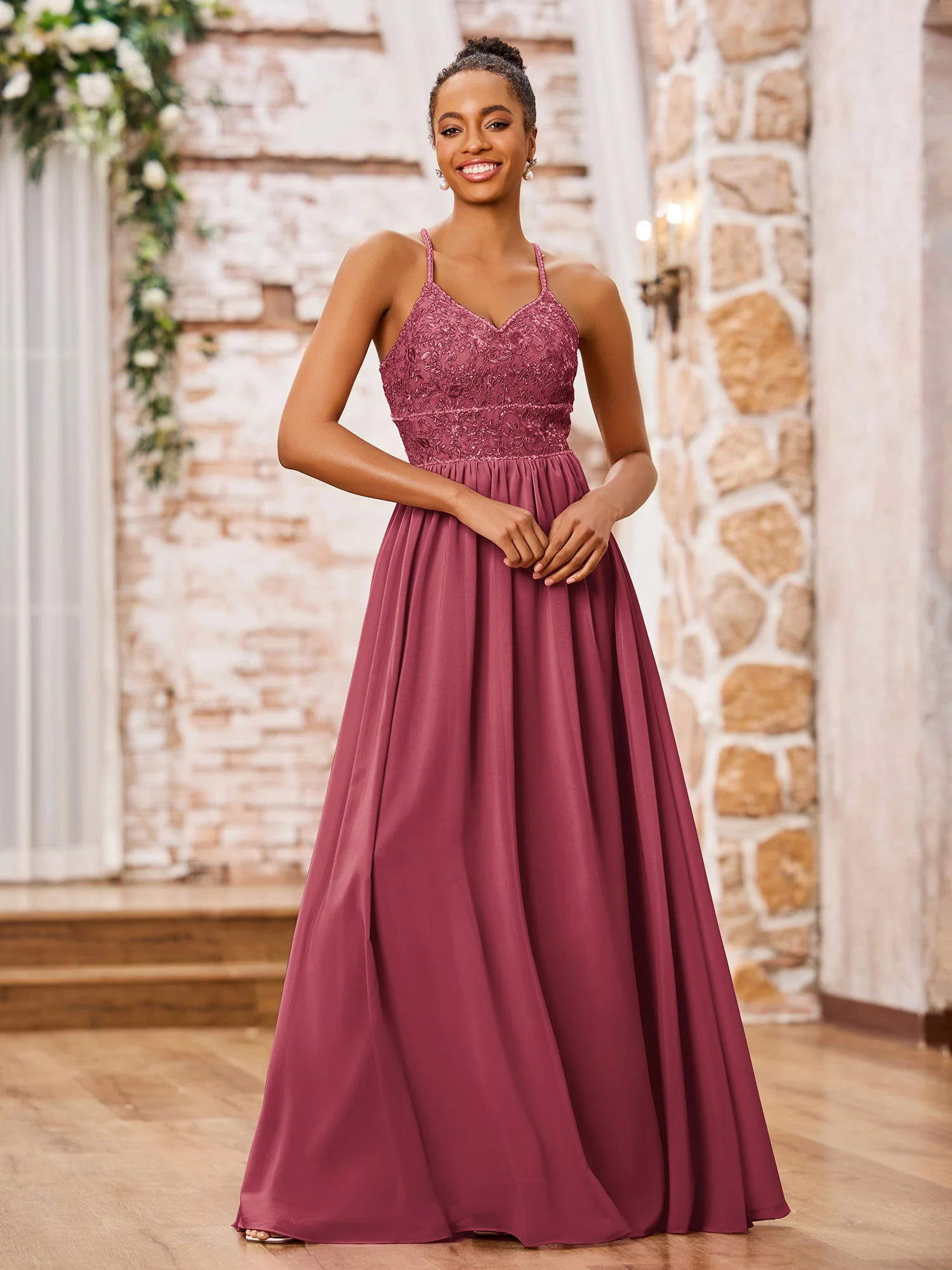 Spaghetti Straps Lace Top Long Chiffon Dresses Cinnamon Rose