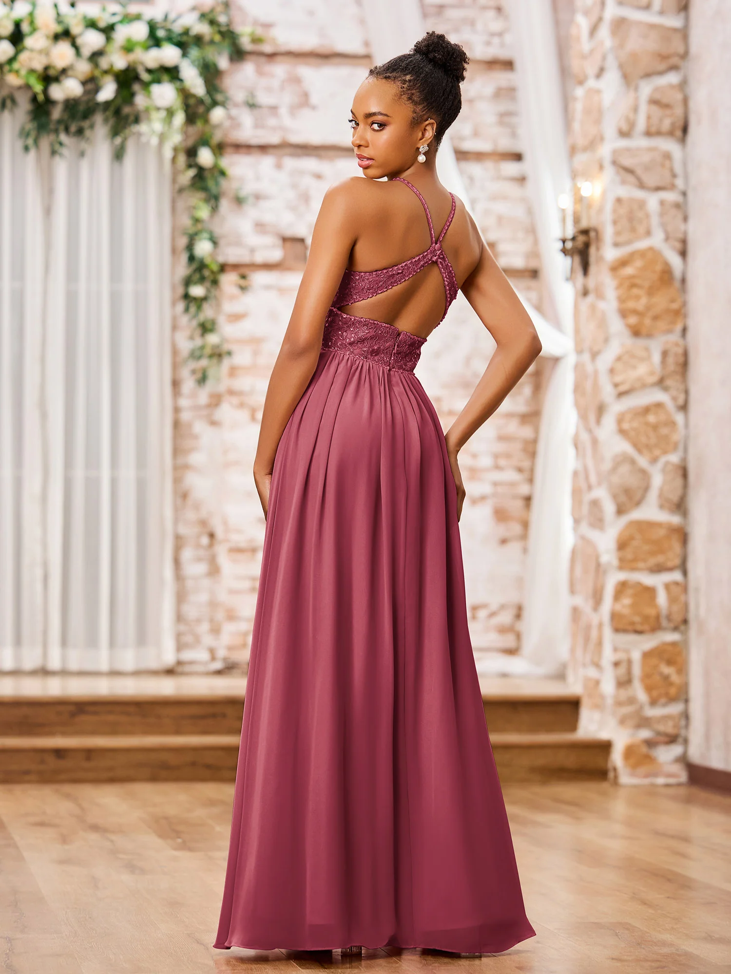 Spaghetti Straps Lace Top Long Chiffon Dresses Cinnamon Rose - Image 2