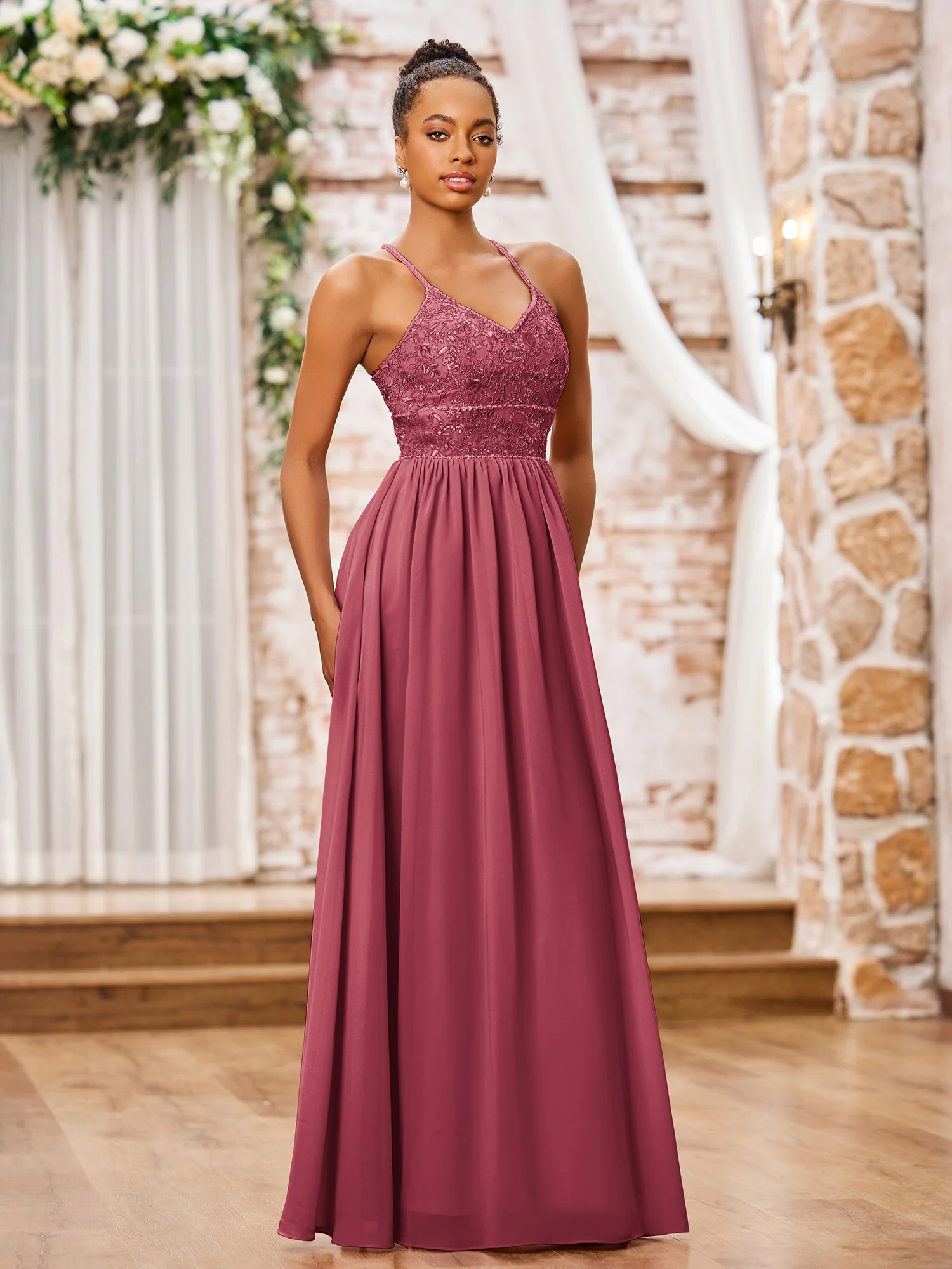 Spaghetti Straps Lace Top Long Chiffon Dresses Cinnamon Rose - Image 3