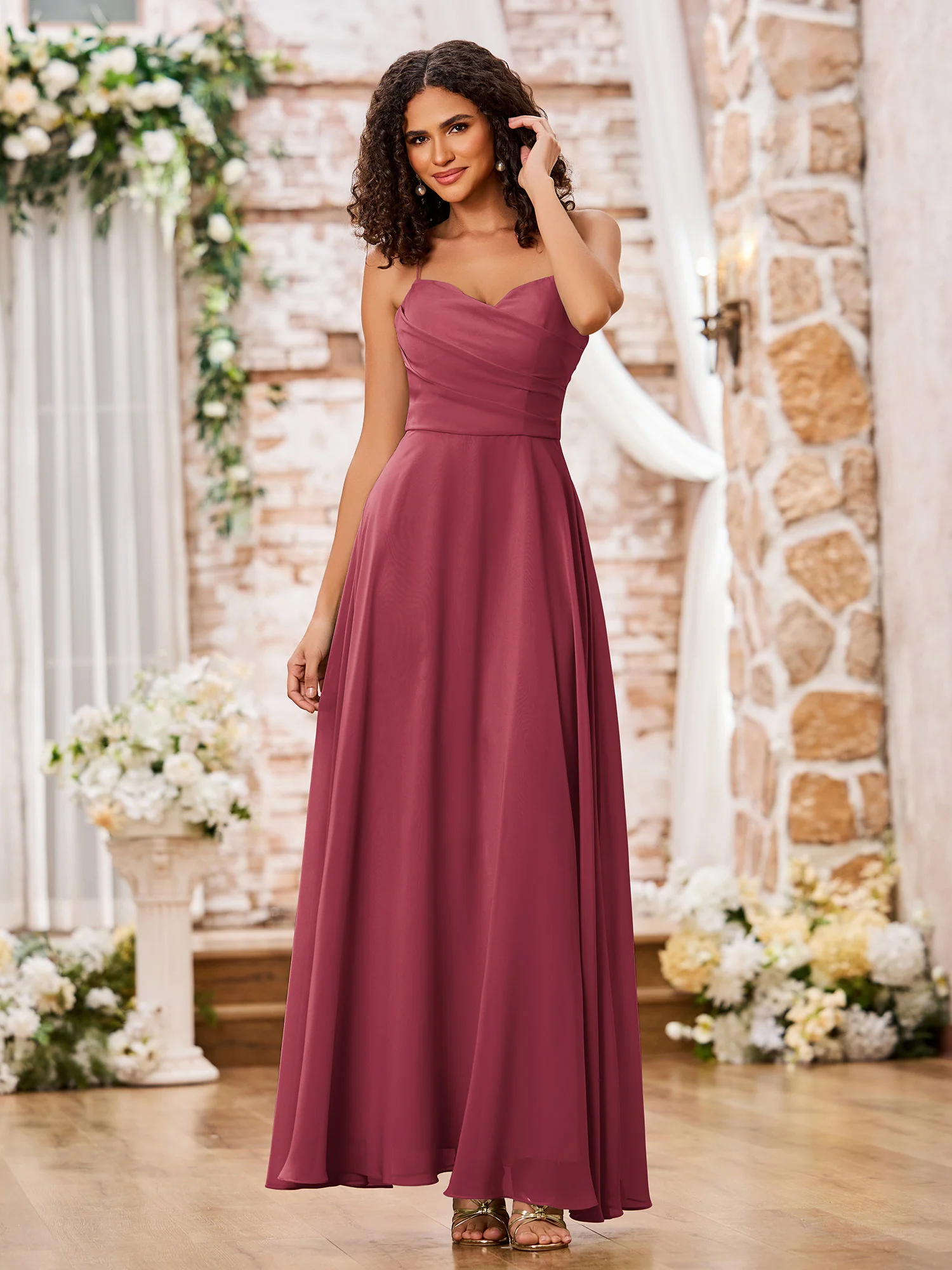 Spaghetti Straps Sweetheart Neck Chiffon Dresses Cinnamon Rose