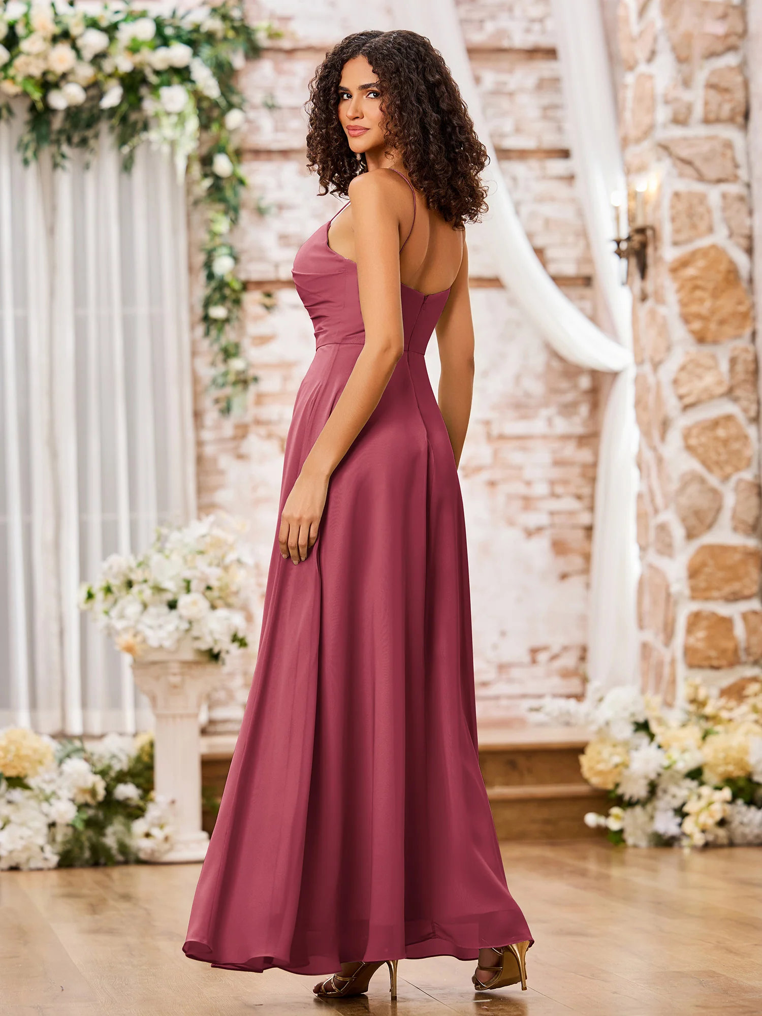 Spaghetti Straps Sweetheart Neck Chiffon Dresses Cinnamon Rose - Image 2