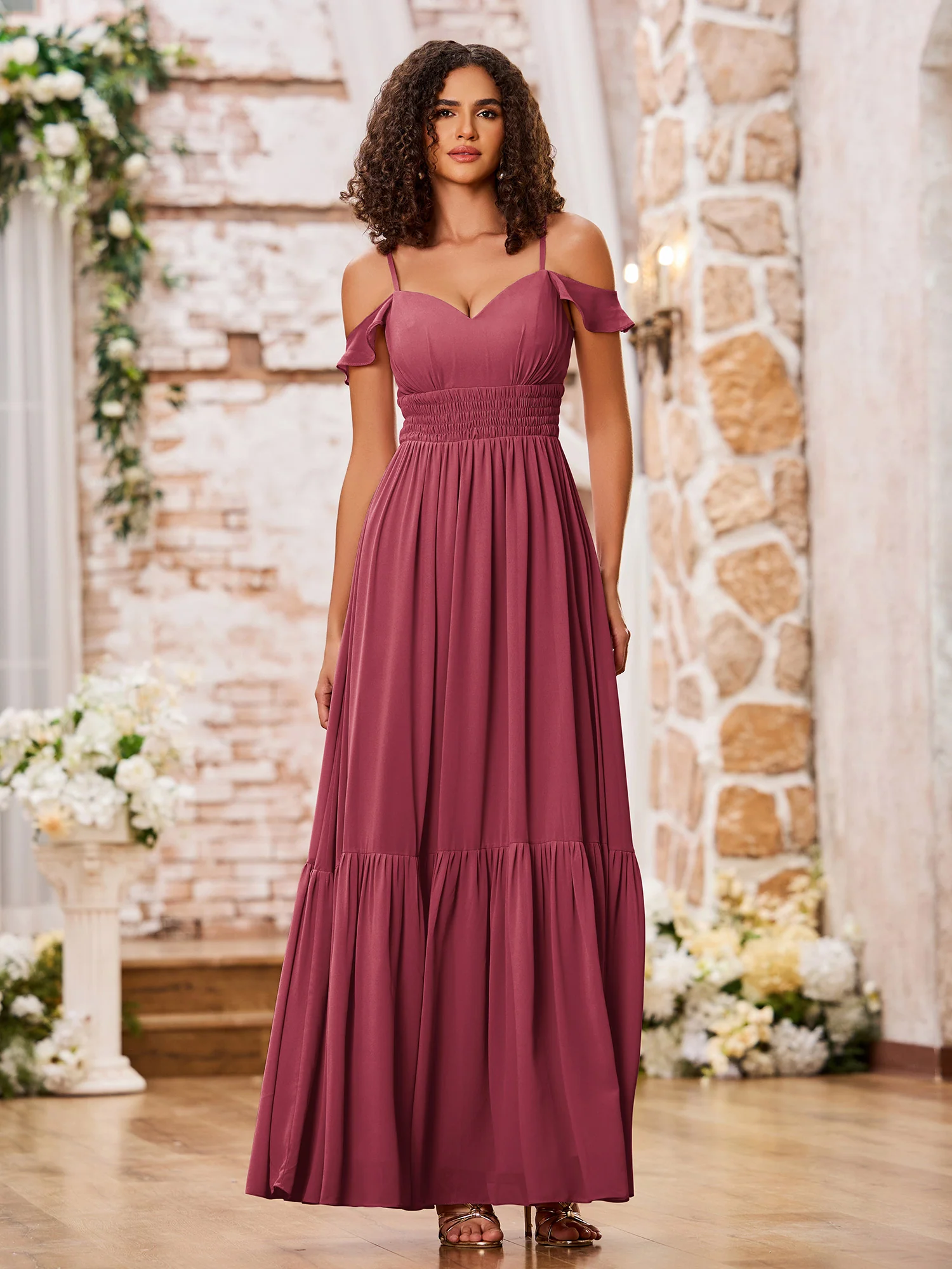 Spaghetti Straps Tiered Skirt Elastic Waist Chiffon Dresses Cinnamon Rose
