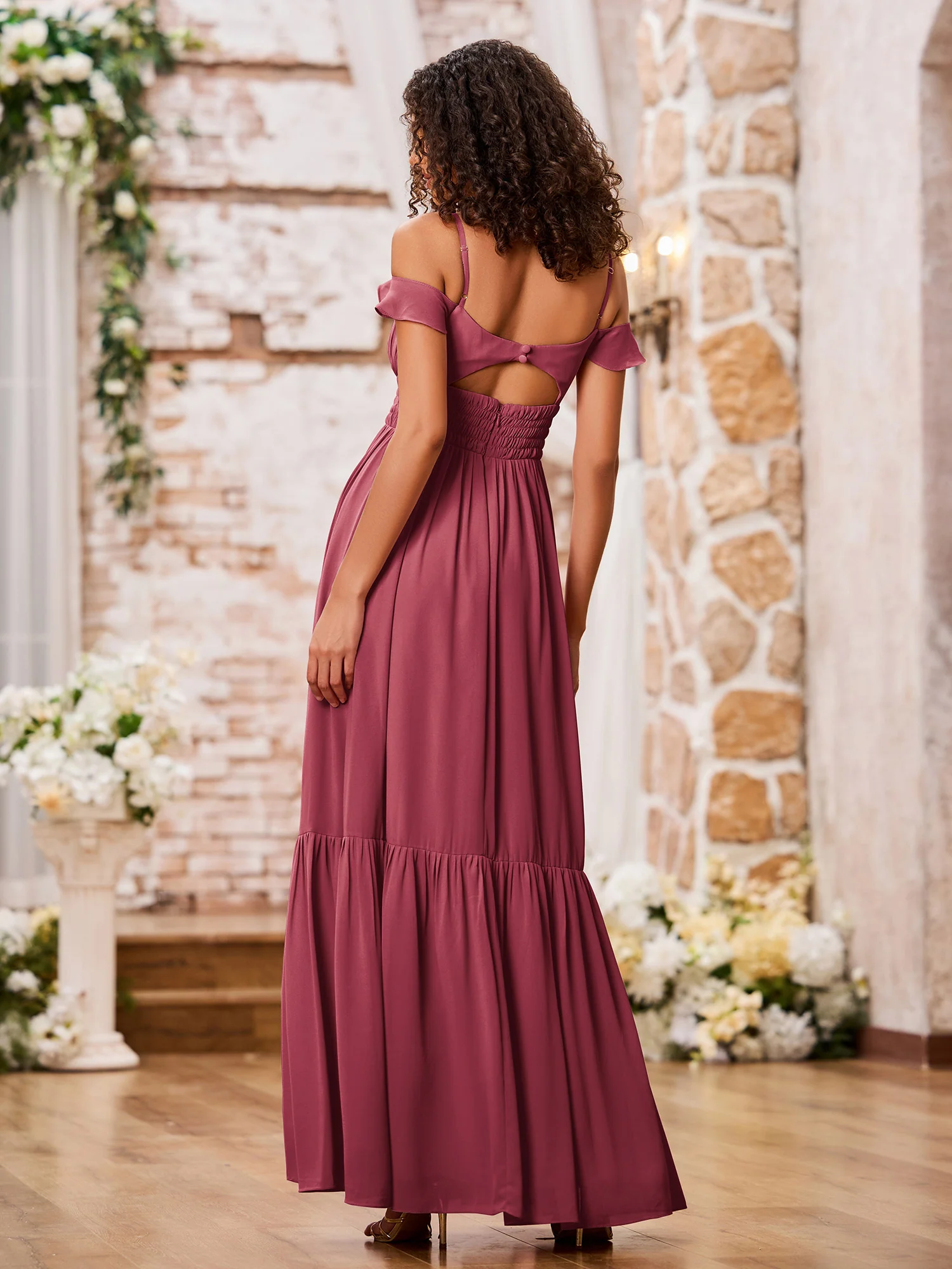 Spaghetti Straps Tiered Skirt Elastic Waist Chiffon Dresses Cinnamon Rose - Image 2