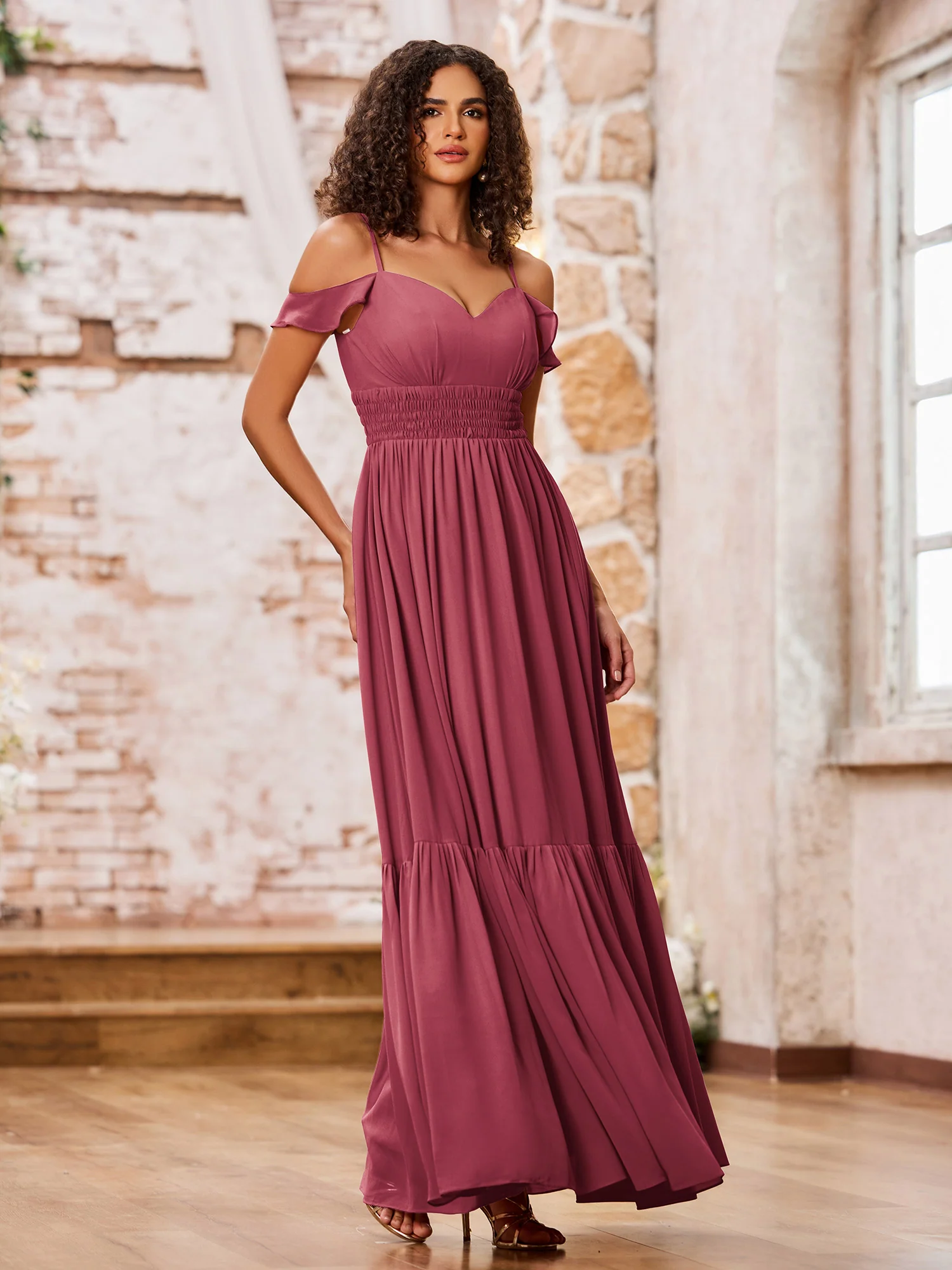 Spaghetti Straps Tiered Skirt Elastic Waist Chiffon Dresses Cinnamon Rose - Image 3