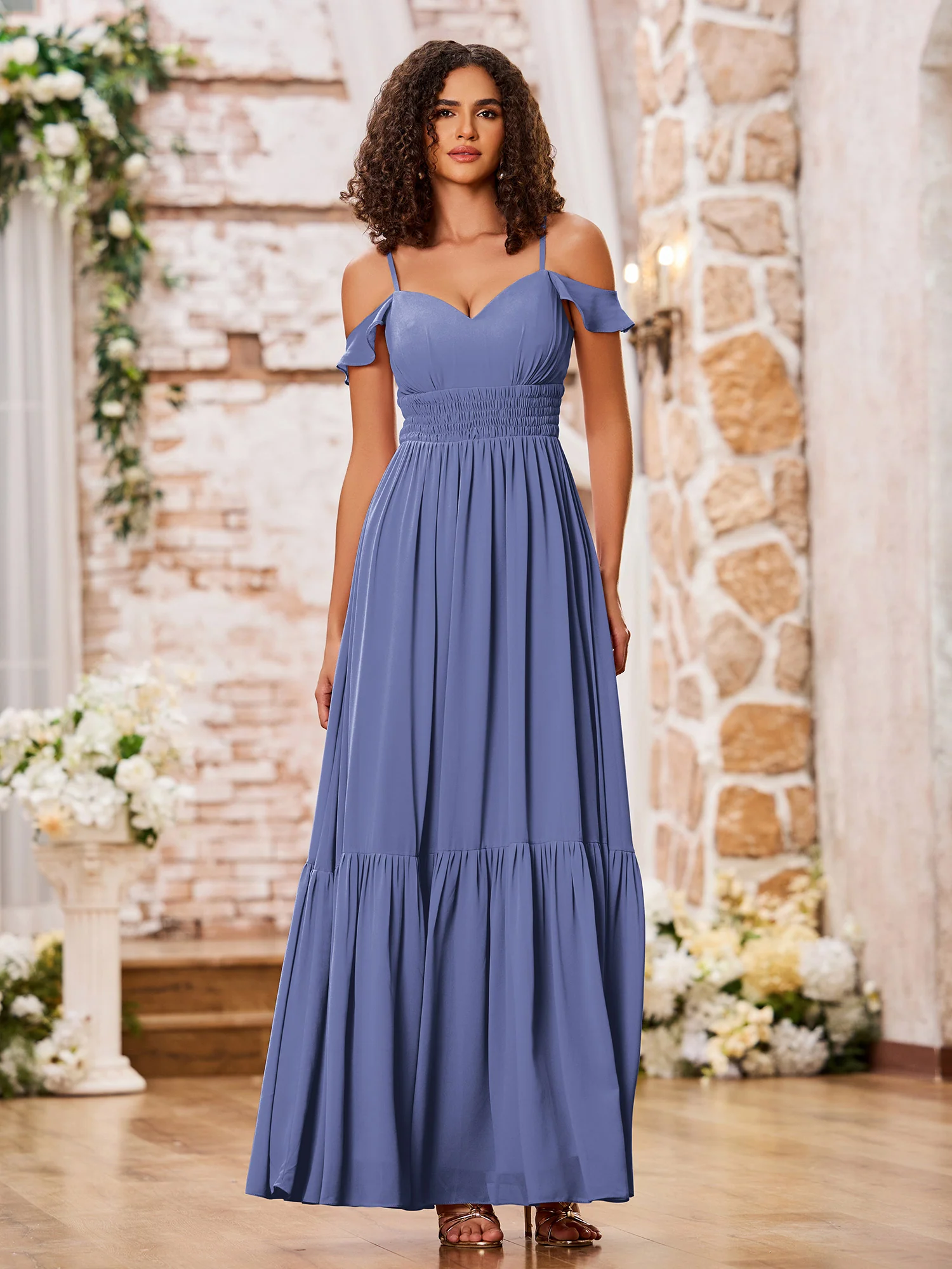 Spaghetti Straps Tiered Skirt Elastic Waist Chiffon Dresses Periwinkle