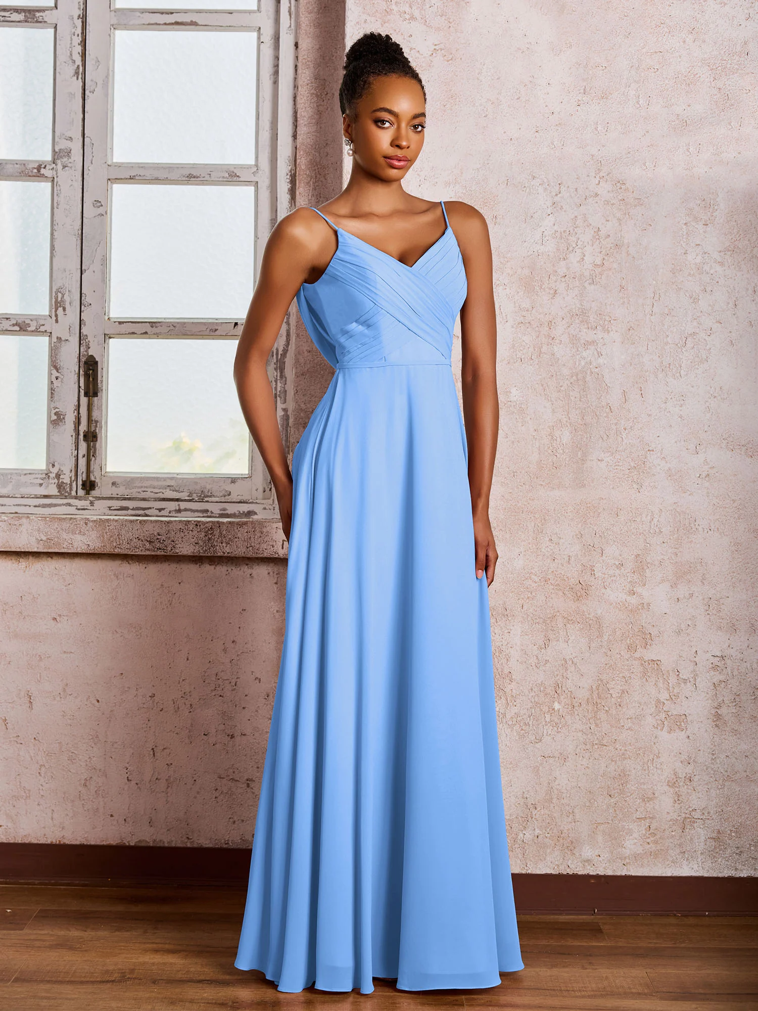 Spaghetti Straps V-neck Pleated A-line Chiffon Dresses Blue - Image 3