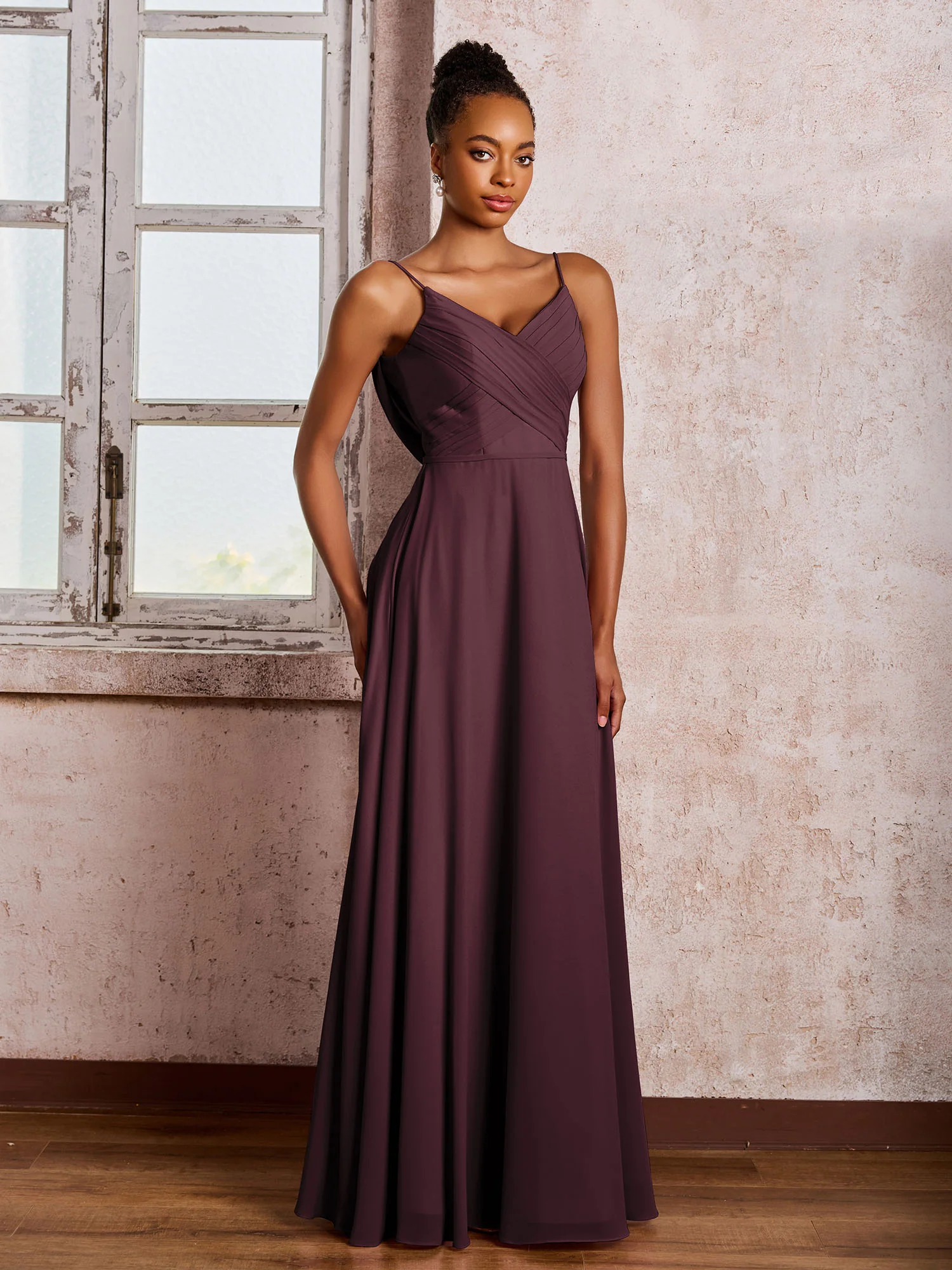 Spaghetti Straps V-neck Pleated A-line Chiffon Dresses Cabernet - Image 3