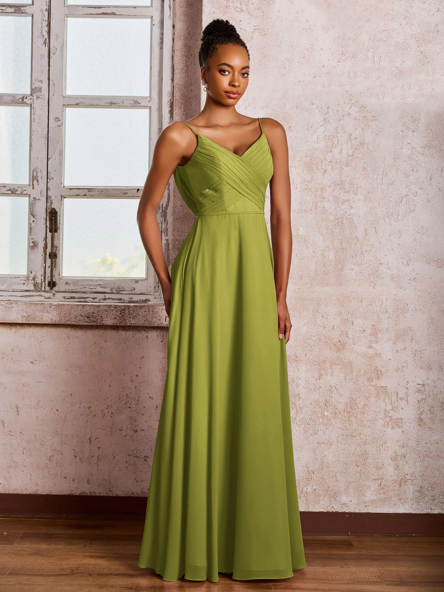 Spaghetti Straps V-neck Pleated A-line Chiffon Dresses Clover - Image 3