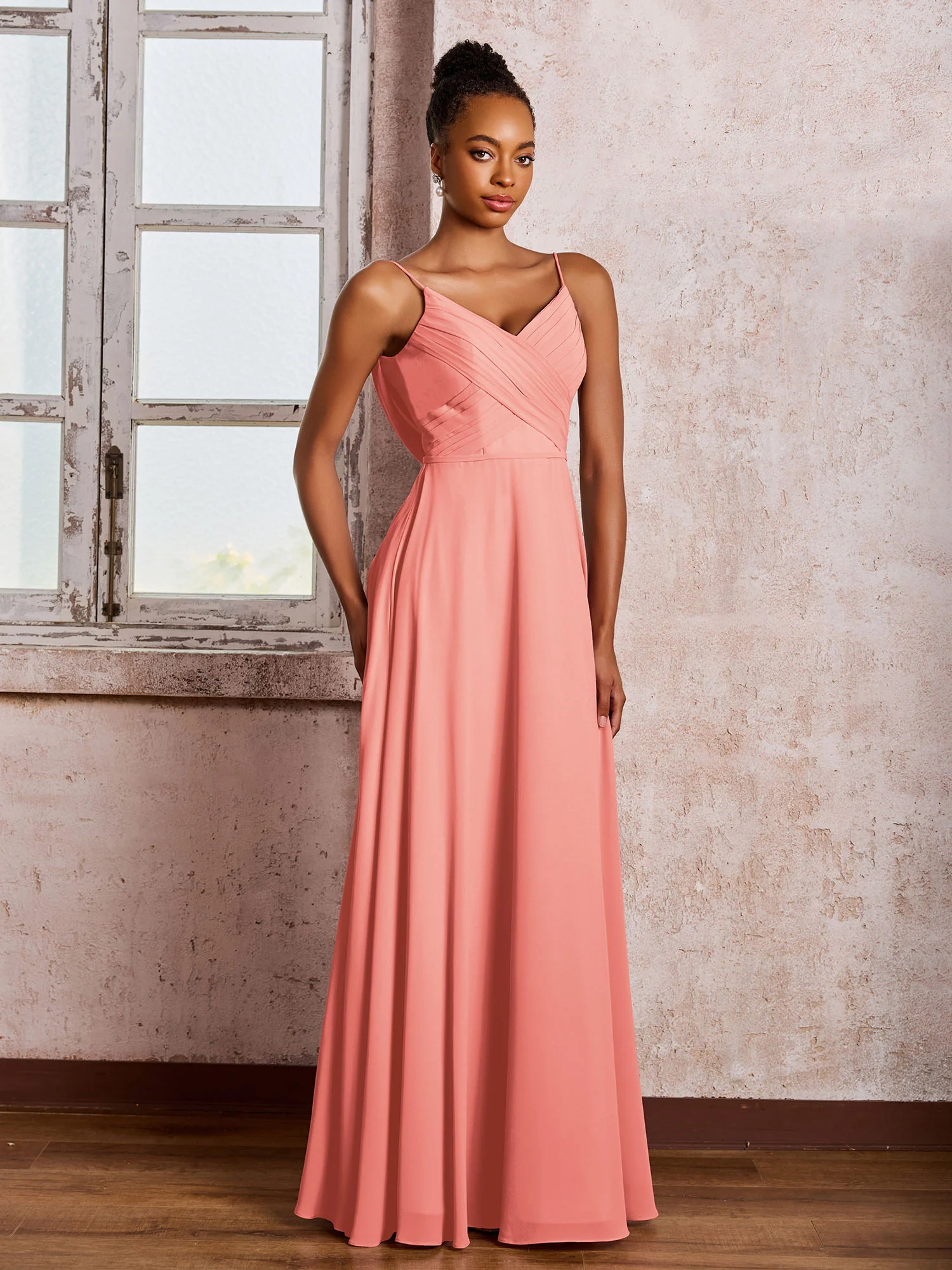 Spaghetti Straps V-neck Pleated A-line Chiffon Dresses Coral - Image 3