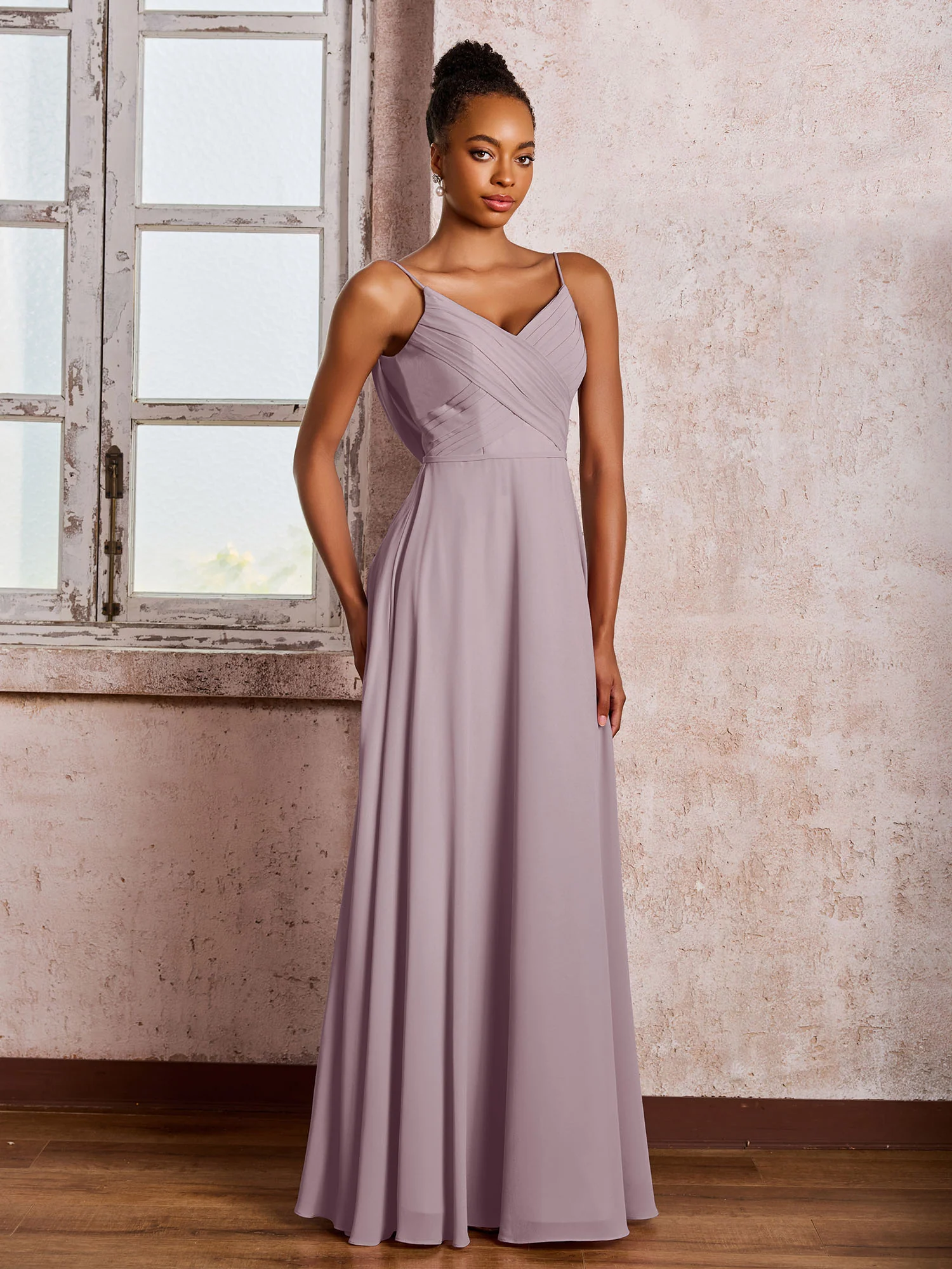 Spaghetti Straps V-neck Pleated A-line Chiffon Dresses Dusk - Image 3