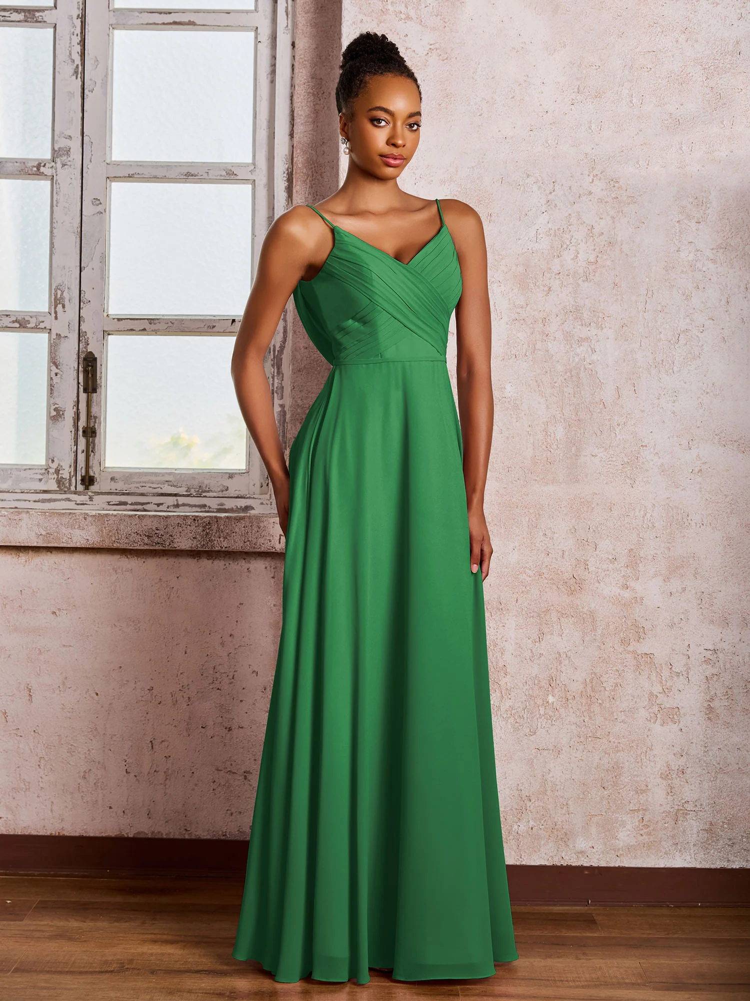 Spaghetti Straps V-neck Pleated A-line Chiffon Dresses Emerald - Image 3