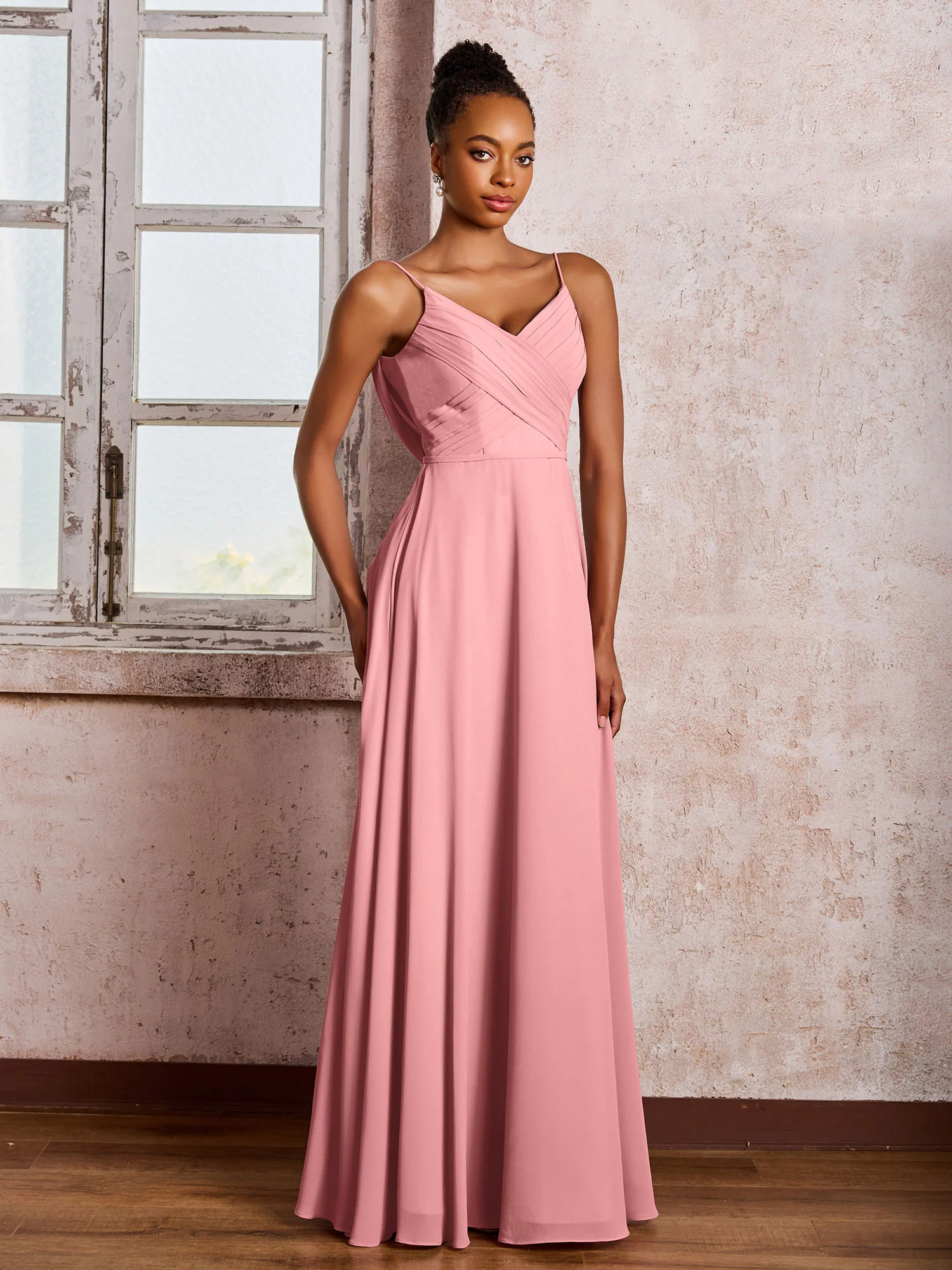 Spaghetti Straps V-neck Pleated A-line Chiffon Dresses Flamingo - Image 3