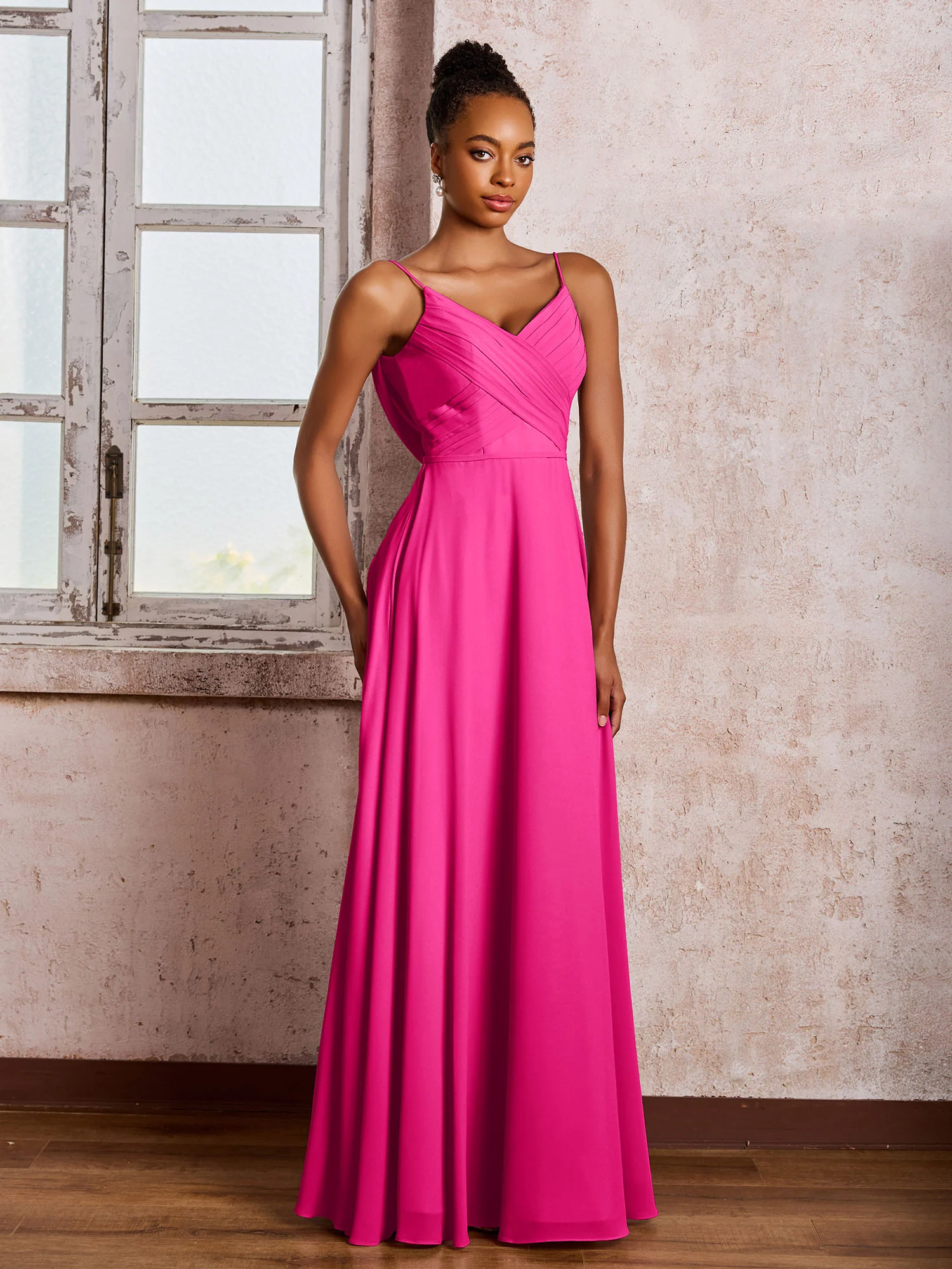 Spaghetti Straps V-neck Pleated A-line Chiffon Dresses Fuchsia - Image 3