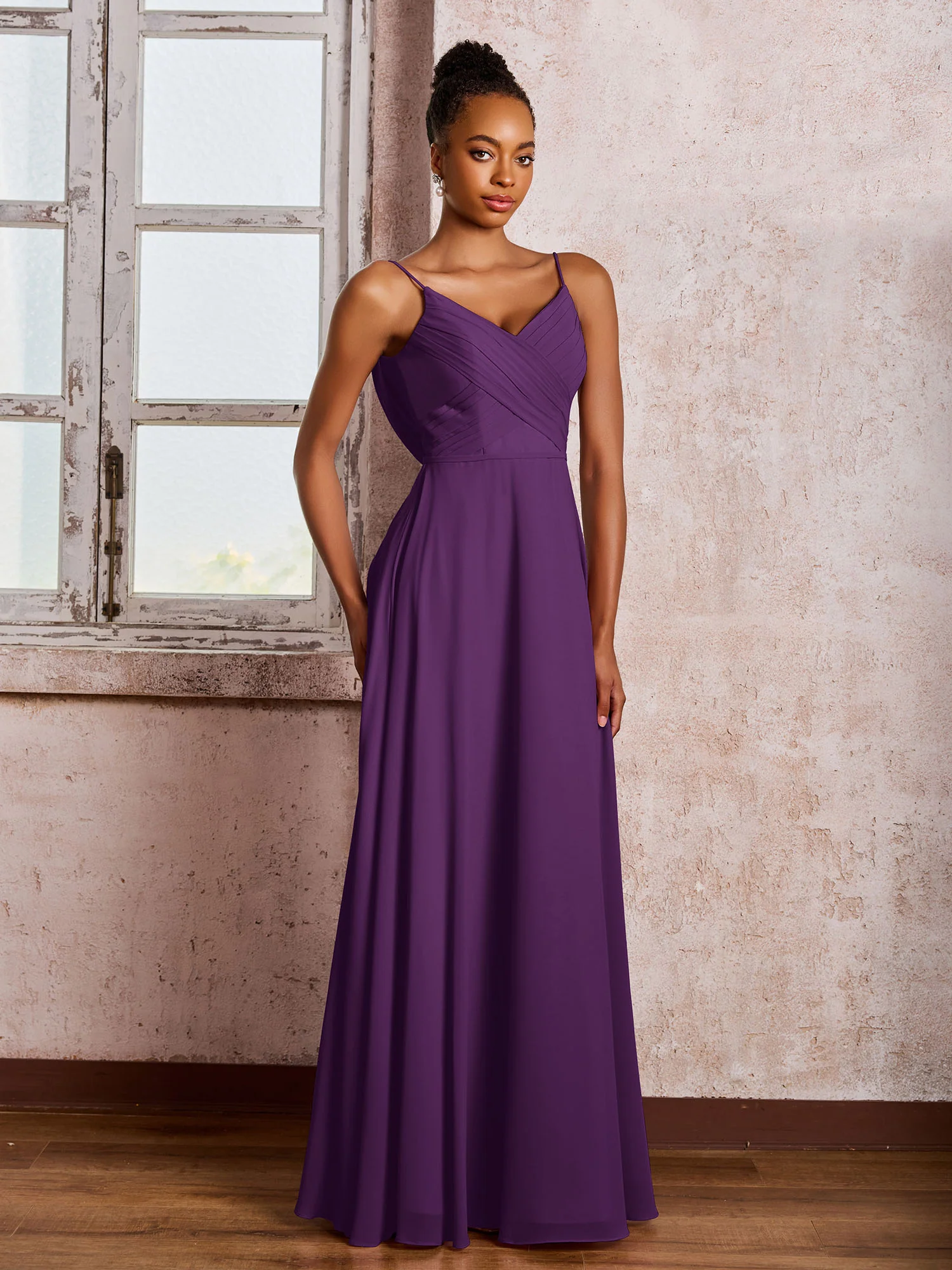 Spaghetti Straps V-neck Pleated A-line Chiffon Dresses Grape - Image 3