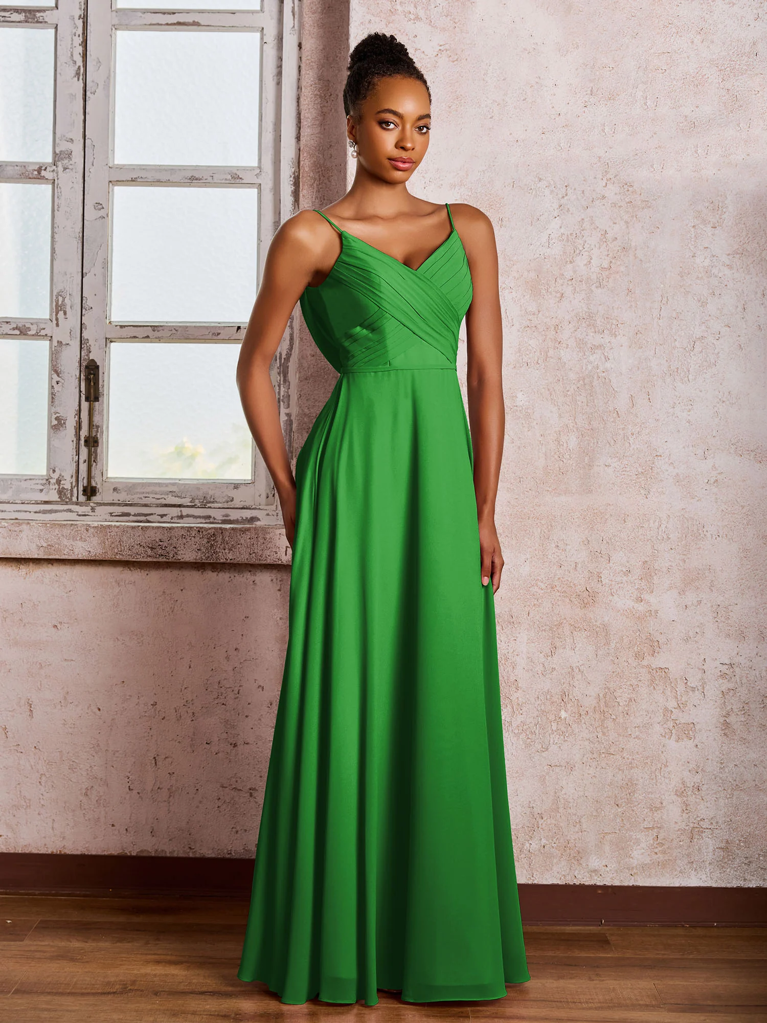 Spaghetti Straps V-neck Pleated A-line Chiffon Dresses Green - Image 3