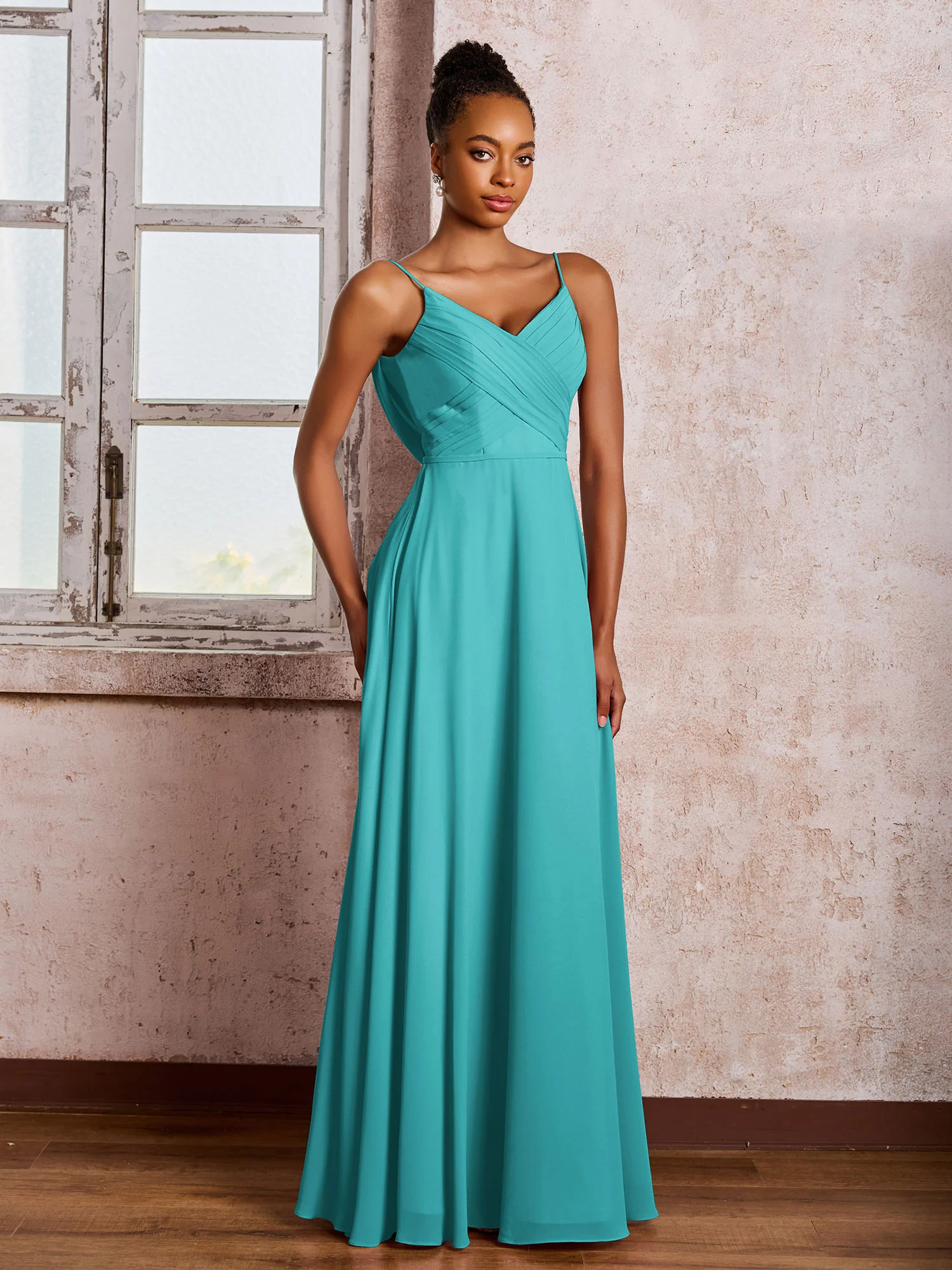 Spaghetti Straps V-neck Pleated A-line Chiffon Dresses Jade - Image 3