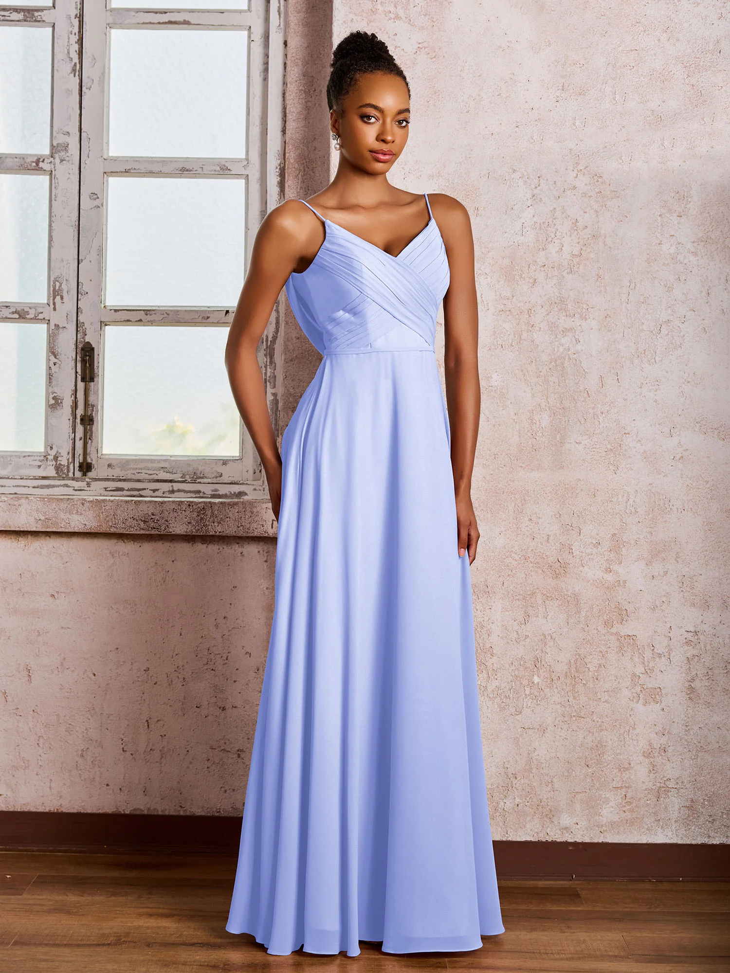 Spaghetti Straps V-neck Pleated A-line Chiffon Dresses Lavender - Image 3