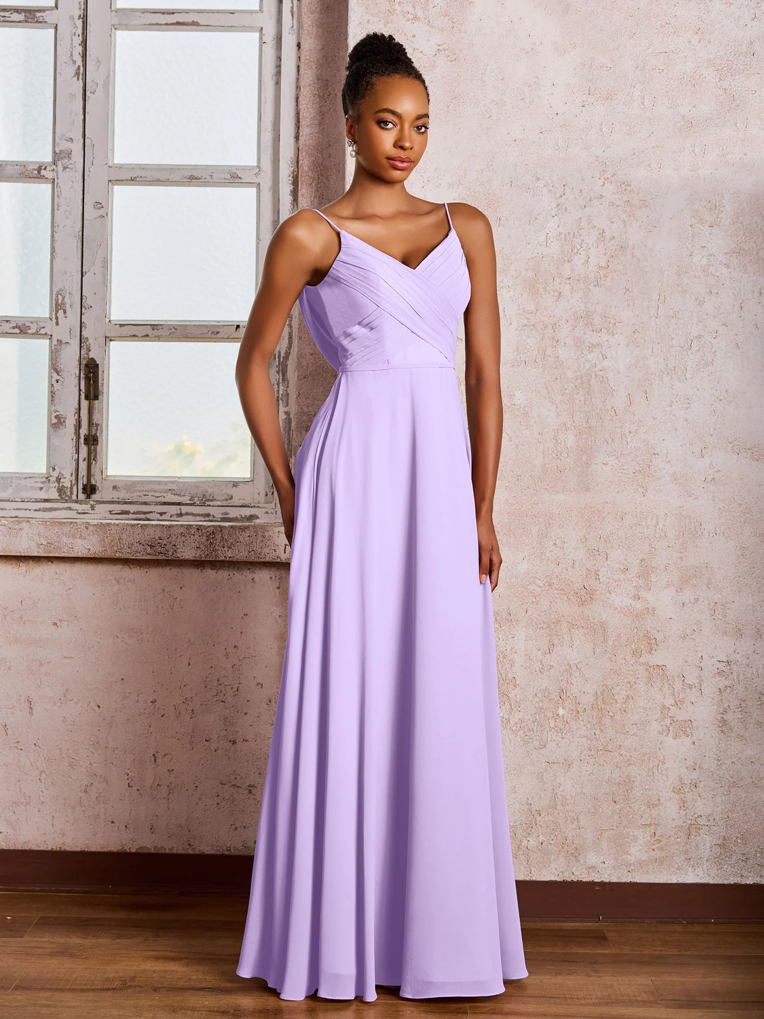 Spaghetti Straps V-neck Pleated A-line Chiffon Dresses Lilac - Image 3
