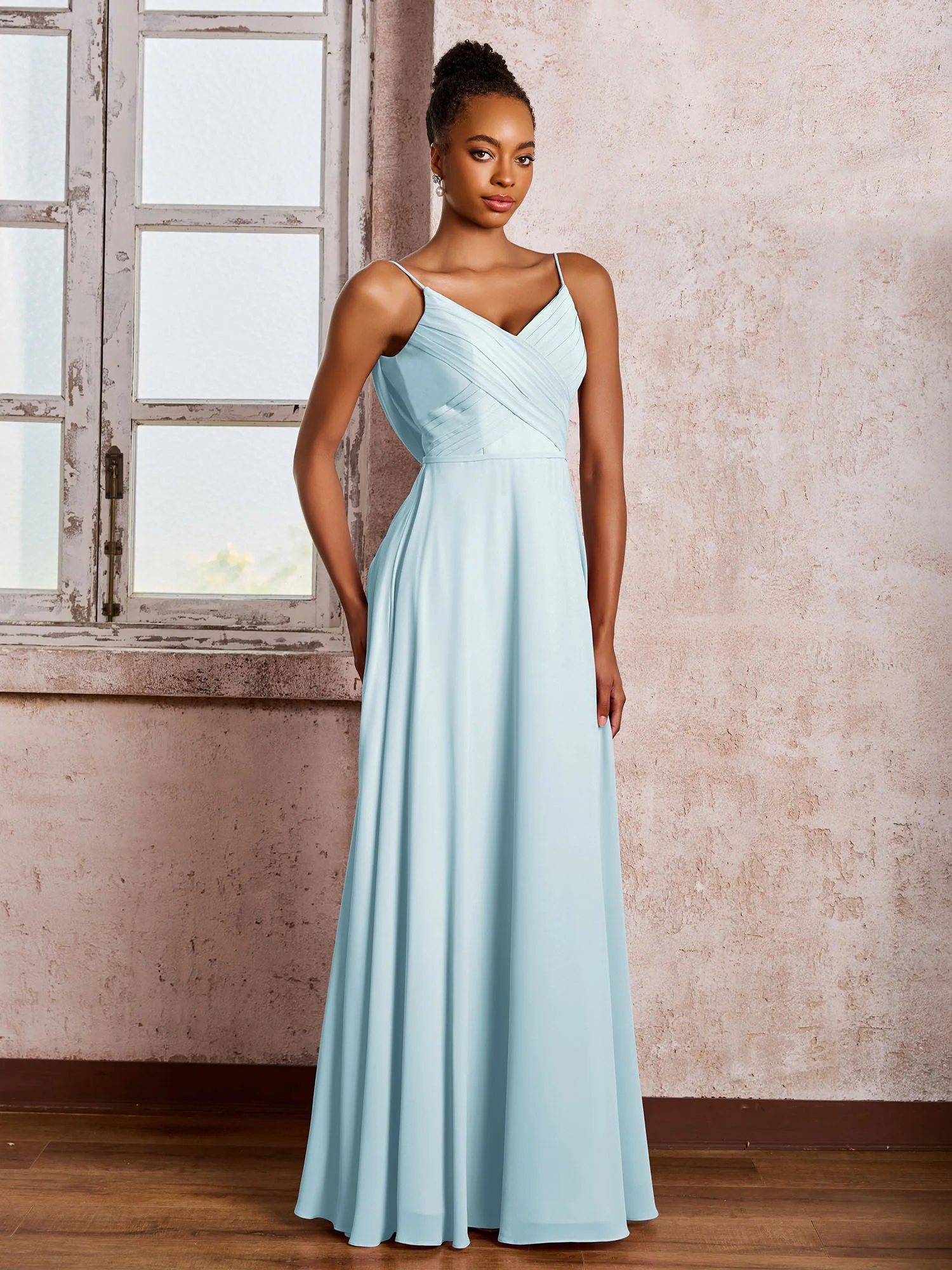 Spaghetti Straps V-neck Pleated A-line Chiffon Dresses Mist - Image 3
