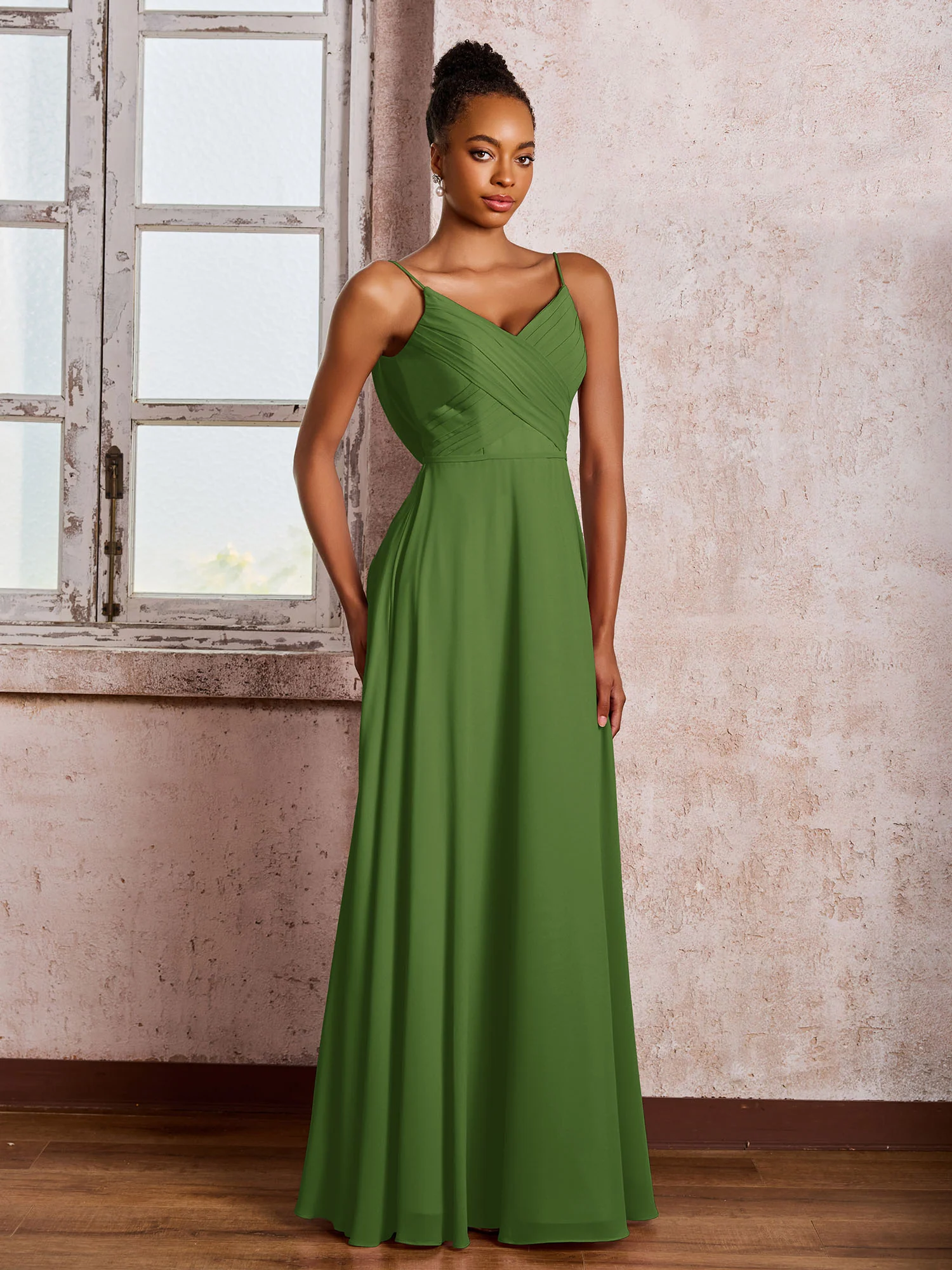 Spaghetti Straps V-neck Pleated A-line Chiffon Dresses Moss - Image 3