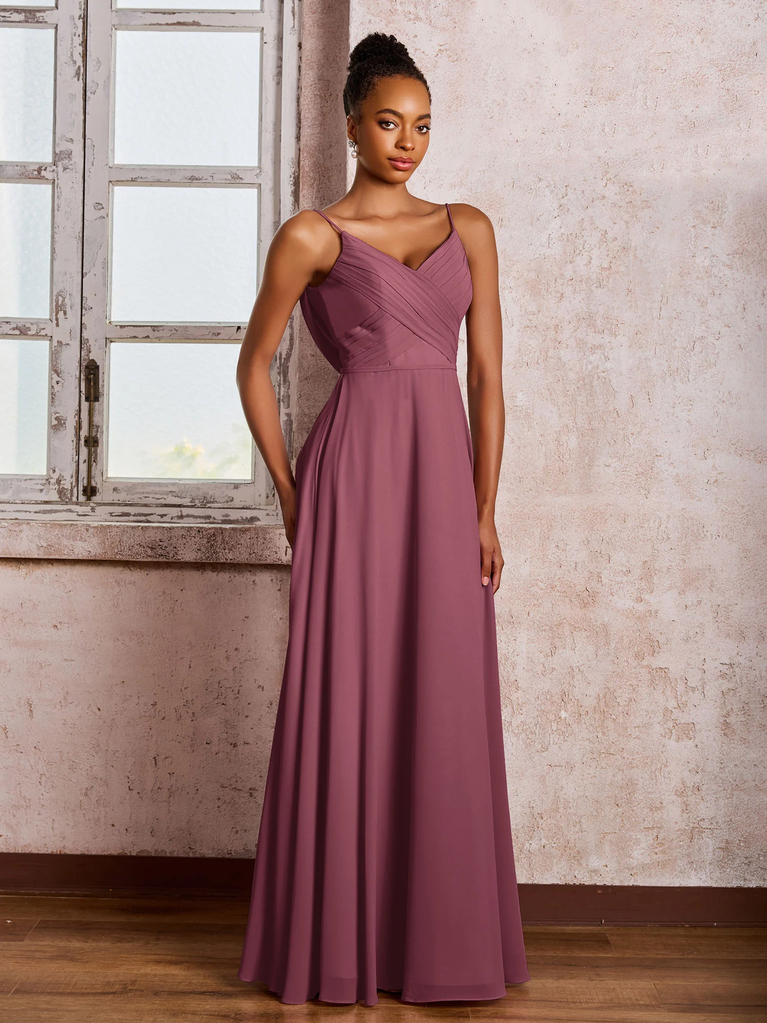 Spaghetti Straps V-neck Pleated A-line Chiffon Dresses Mulberry - Image 3