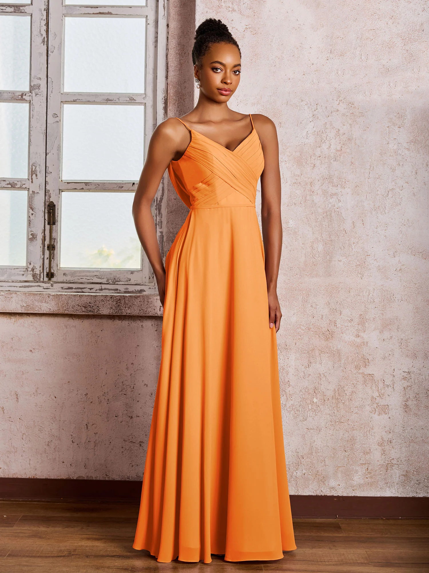 Spaghetti Straps V-neck Pleated A-line Chiffon Dresses Orange - Image 3