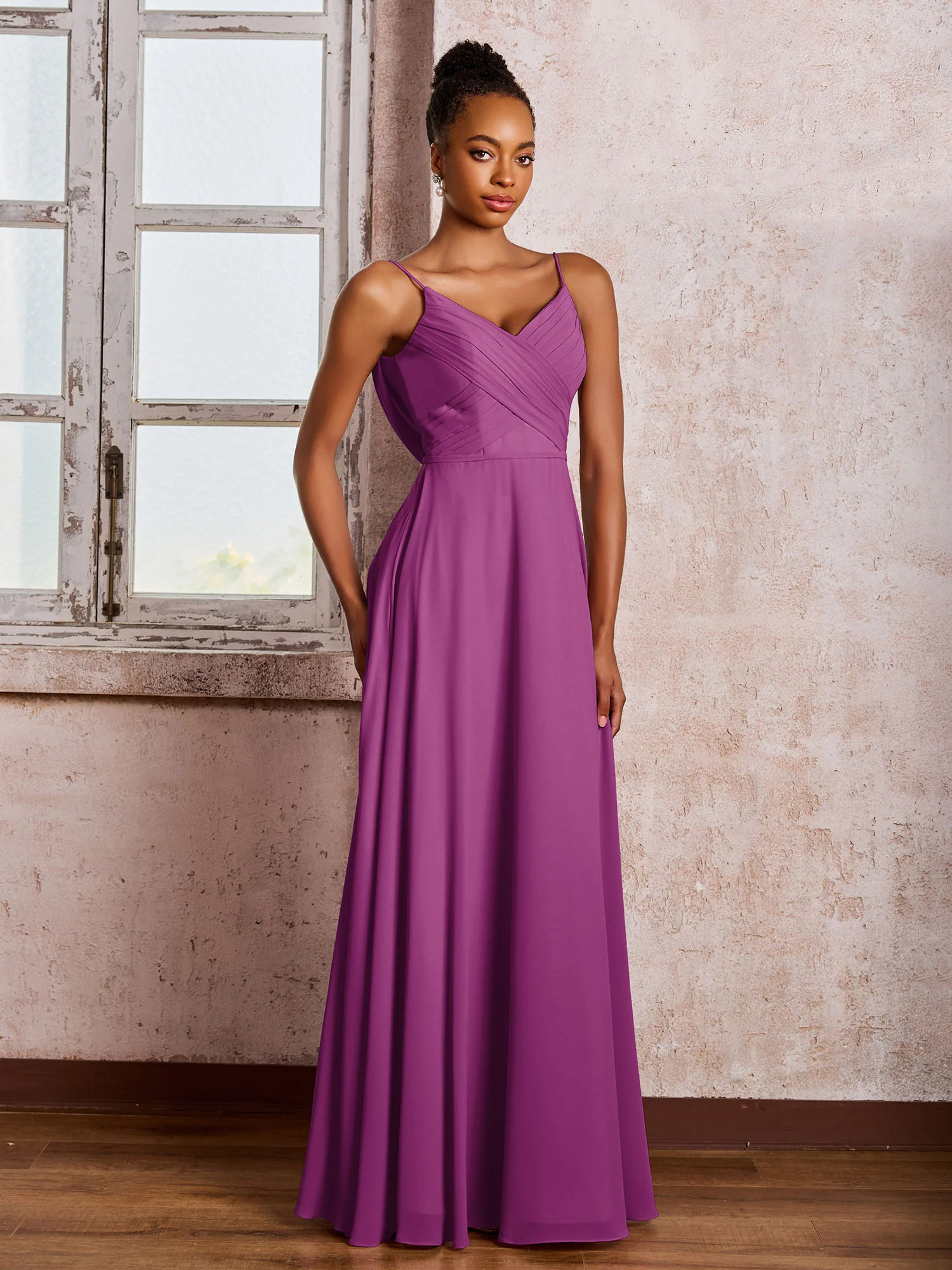 Spaghetti Straps V-neck Pleated A-line Chiffon Dresses Orchid - Image 3