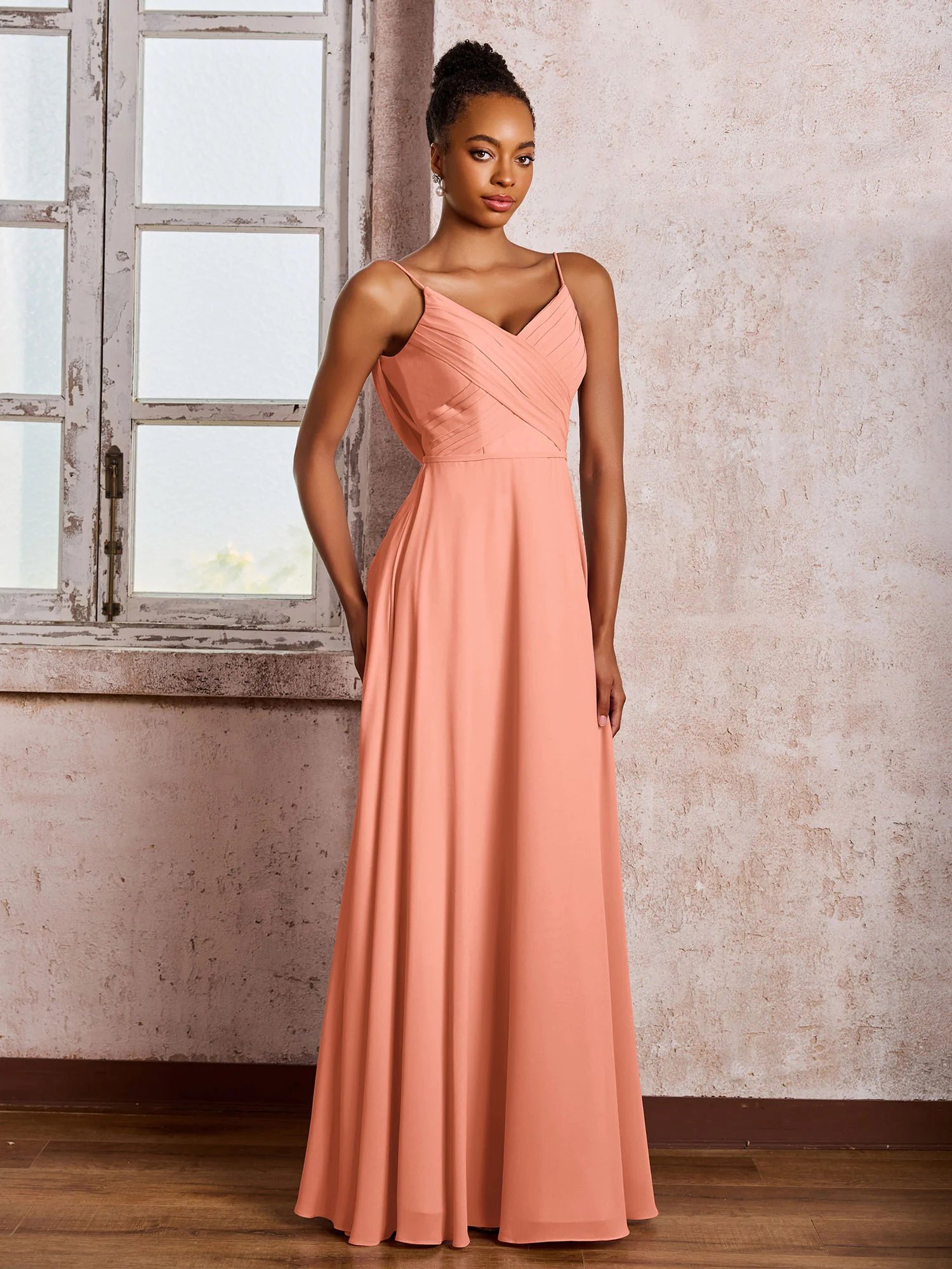 Spaghetti Straps V-neck Pleated A-line Chiffon Dresses Papaya - Image 3