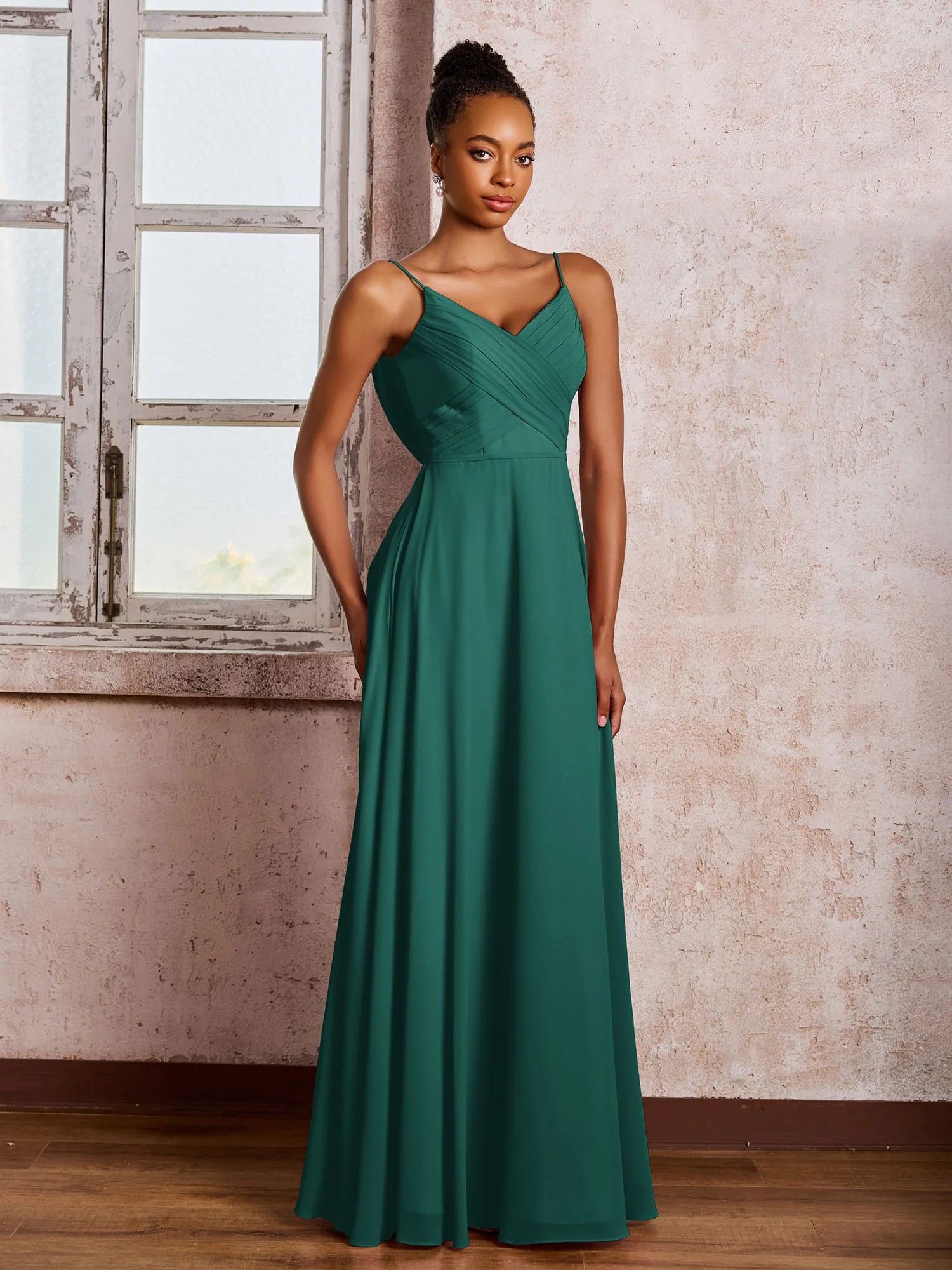 Spaghetti Straps V-neck Pleated A-line Chiffon Dresses Peacock - Image 3