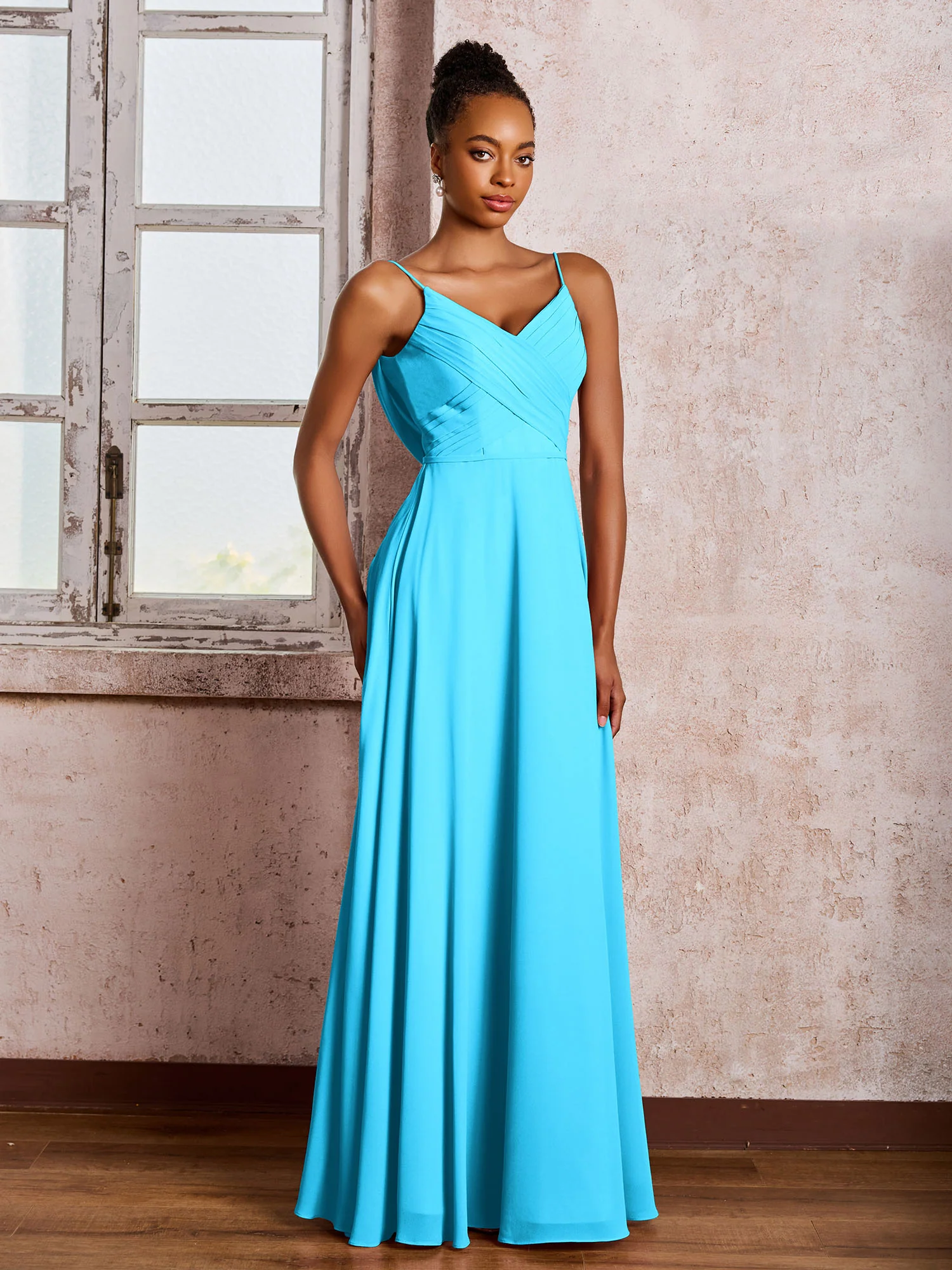 Spaghetti Straps V-neck Pleated A-line Chiffon Dresses Pool - Image 3