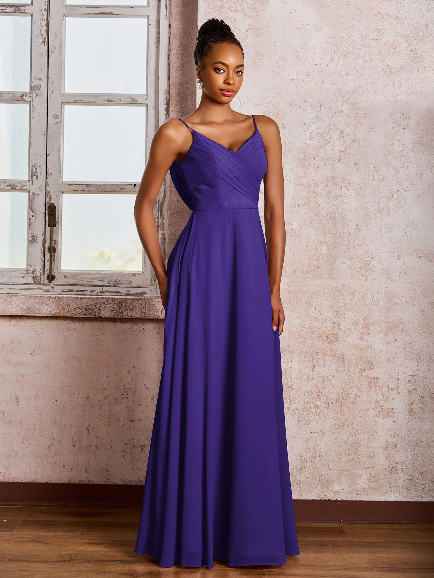 Spaghetti Straps V-neck Pleated A-line Chiffon Dresses Regency - Image 3