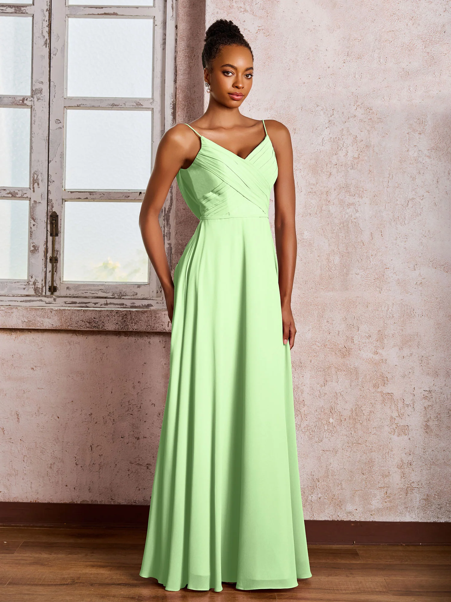 Spaghetti Straps V-neck Pleated A-line Chiffon Dresses Sage - Image 3