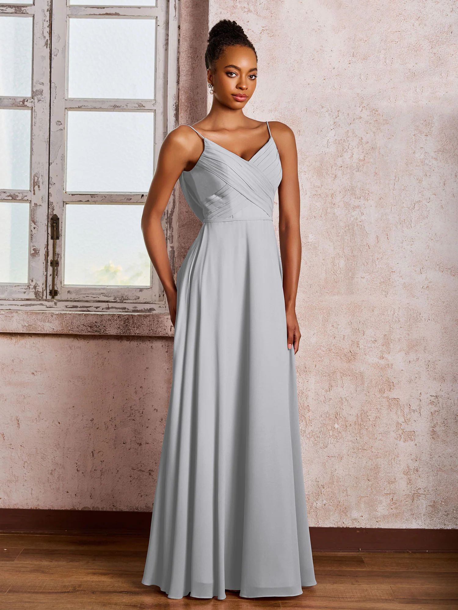 Spaghetti Straps V-neck Pleated A-line Chiffon Dresses Silver - Image 3