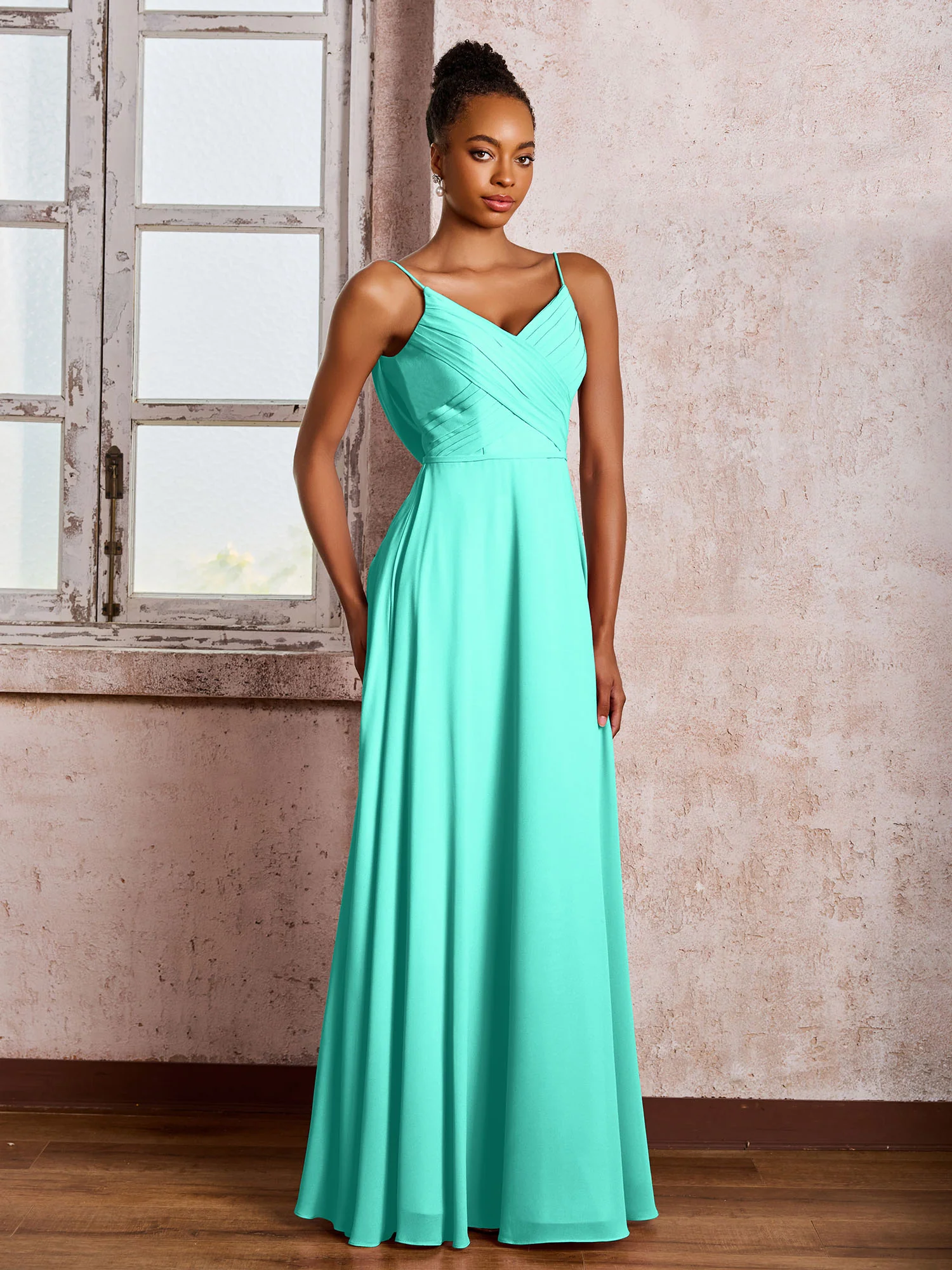 Spaghetti Straps V-neck Pleated A-line Chiffon Dresses Spa - Image 3