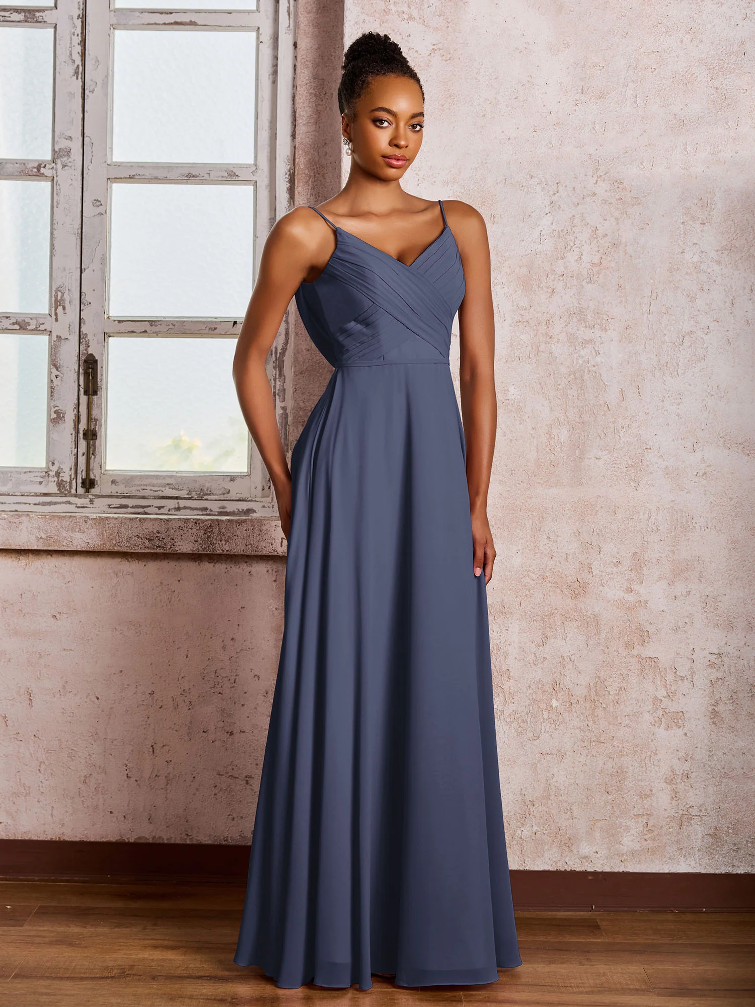 Spaghetti Straps V-neck Pleated A-line Chiffon Dresses Stormy - Image 3