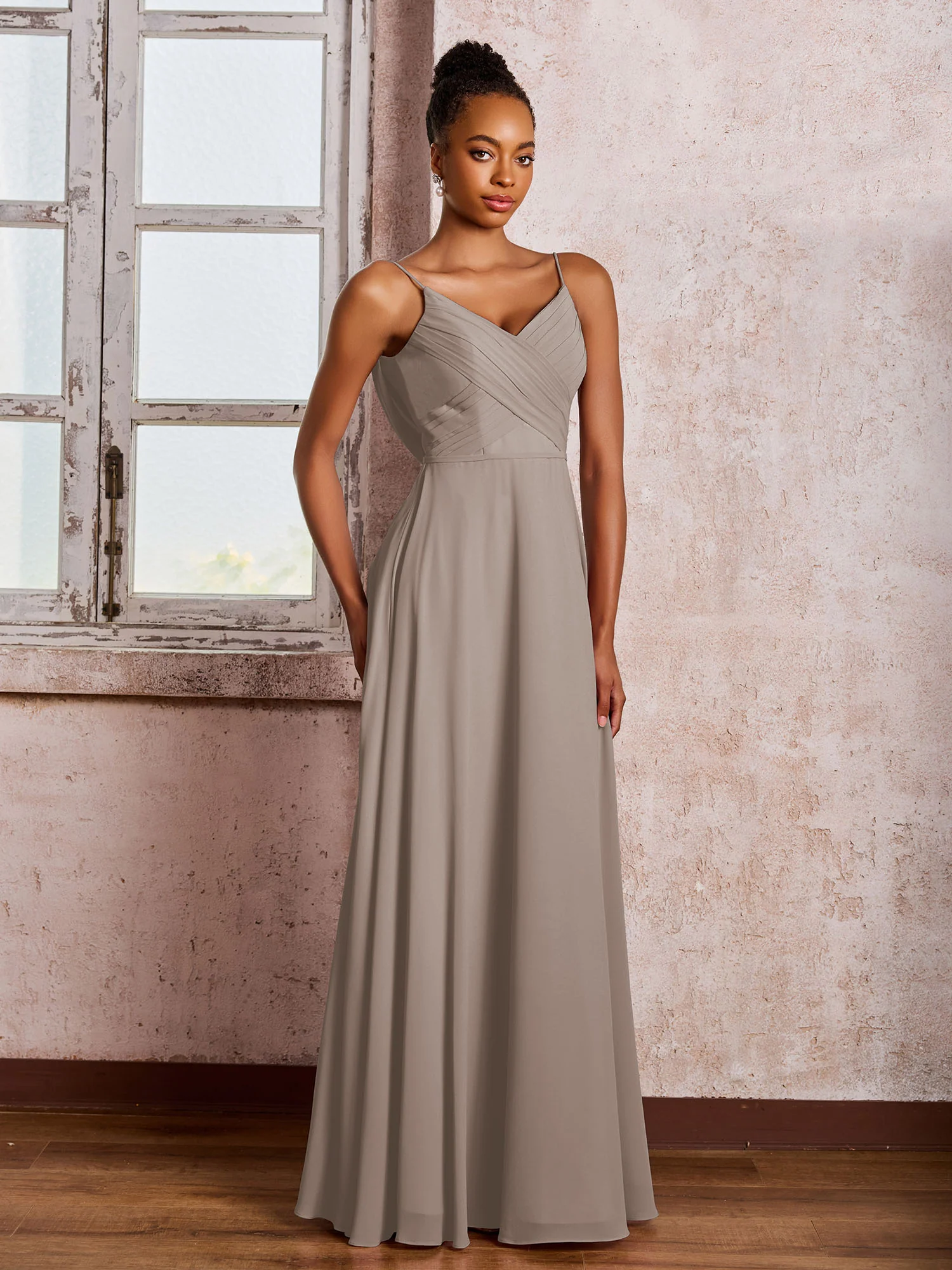 Spaghetti Straps V-neck Pleated A-line Chiffon Dresses Taupe - Image 3